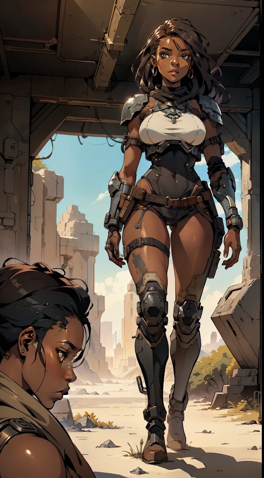 black woman in a brown outfit with, full body, mystical post-apocalyptic cyborg, beautiful woman, in a post-apocalyptic setting, like medieval fantasy female black character, fantasy character photo, complex fantasy character, beautiful black girl, woman stunning, from a beautiful knight, Eve Ventrue, powerful princess of the desert, woman of science fiction