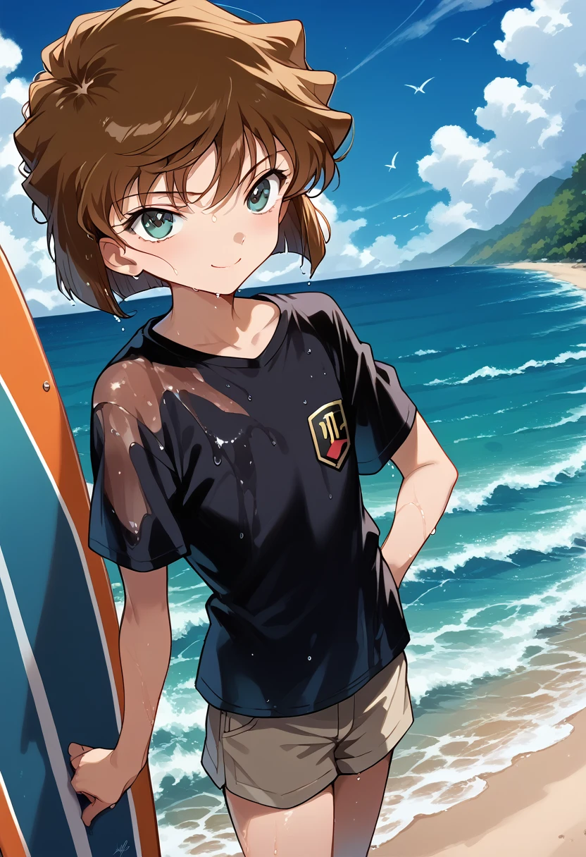 masterpiece,High resolution,Highest quality,8k(Detective Conan,ai haibara) (,,Flat Chest,Short,Brown Hair,short hair) (A loose plain black shirt,Grey short hot pants), standing on a surfboard in the ocean,The best smile,looking at the camera,living, (wet clothes:1.2), (water dripping off clothes:1.2), surfboard, ocean