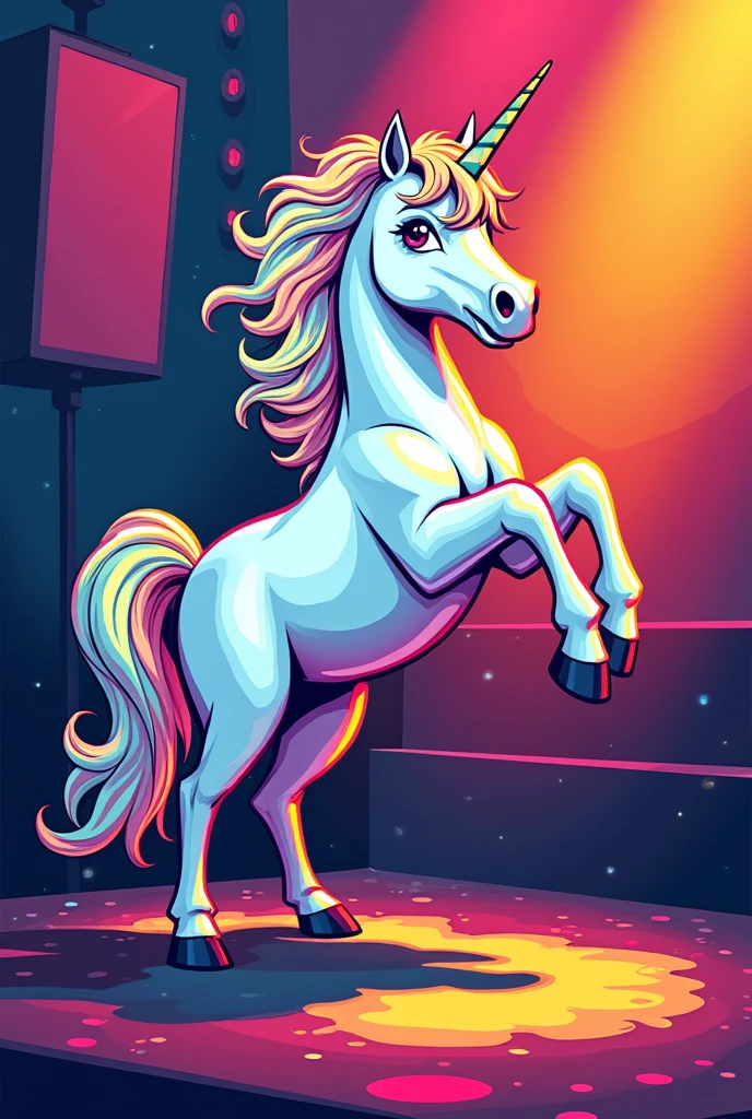 Stallion, pony, feral, My_Little_Pony, white fur, multi-colored mane, multi-colored tail, standing on back legs, at a rave, dance lights, wearing rave lights around neck, wearing glow sticks on arms, club hat, infectious grin, very detailed, semi-realistic
