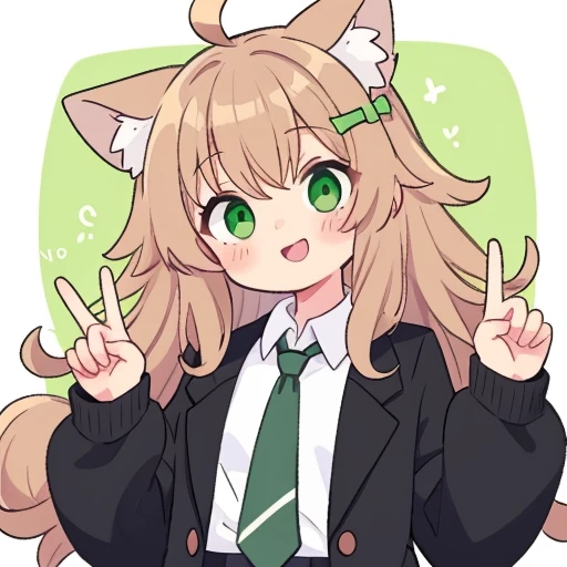 the drawing is of a person with curly hair and green eyes giving a middle finger, double v, v, necktie, bangs, ahoge, 1girl, looking at viewer, black necktie, long hair, long sleeves, animal ears, solo, collared shirt, shirt, hands up, hair ornament, white shirt, head tilt, beta_vrckipfel