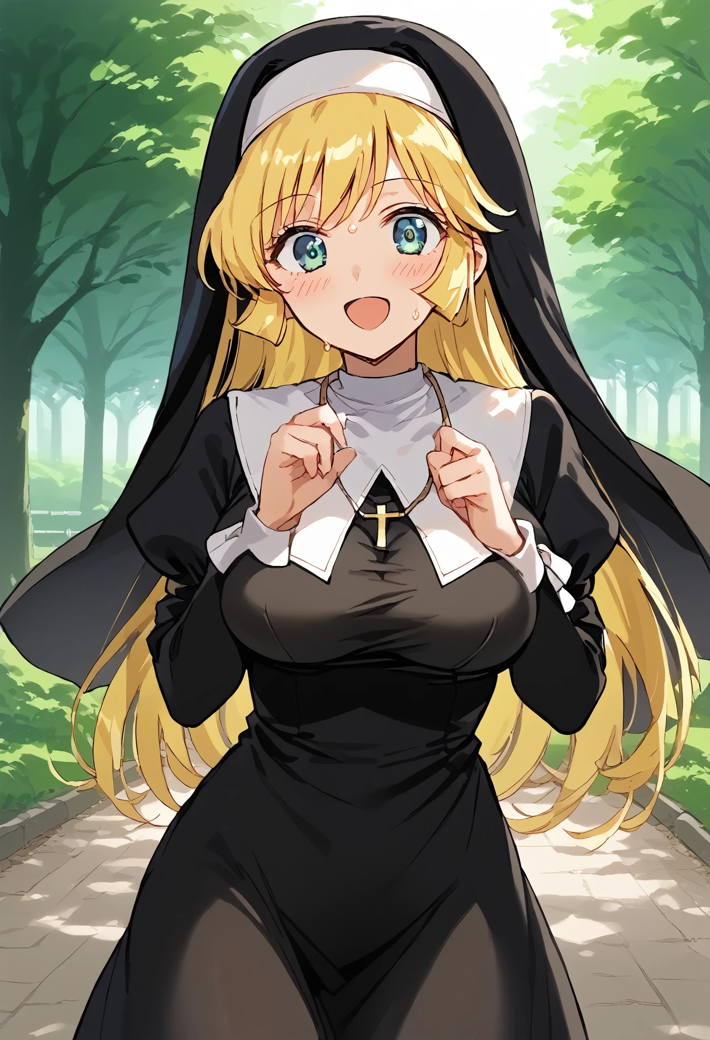 ((Masterpiece))), (((Best Quality: 1.4))), ((Super Detail: 1.4)), ultra-High resolution, score_9, score_8_up, score_7_up, score_6_up, score_5_up, score_4_up, BREAK, source_anime, anime screencap, 1girl, solo, uncensored, kisaragi honey, blonde hair, long hair, traditional nun, nun, habit, long sleeves, dress, black dress, jewelry, black veil, cross, cross necklace, smile, open mouth, outdoors, park, trees, grass, sunlight, looking at viewer, blush, wet body, wet clothes, sweat, surprised, shiny skin, action pose,