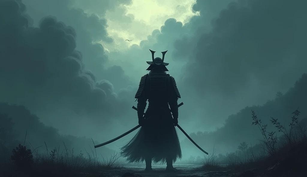 The samurai holds a katana, Starry skies and mist shroud the landscape.