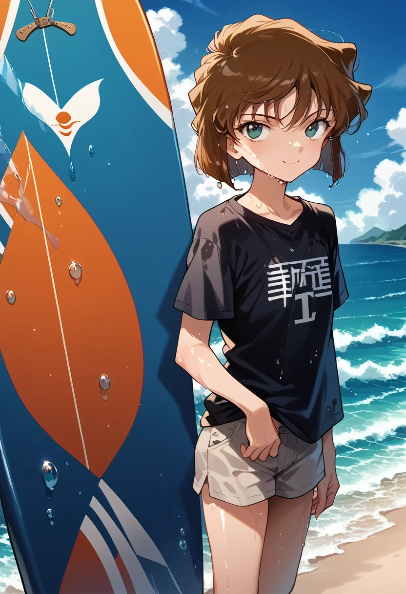 masterpiece,High resolution,Highest quality,8k(Detective Conan,ai haibara) (,,Flat Chest,Short,Brown Hair,short hair) (A loose plain black shirt,Grey short hot pants), standing on a surfboard in the ocean,The best smile,looking at the camera,living, (wet clothes:1.2), (water dripping off clothes:1.2),  shiny skin, wet hair, surfboard, ocean