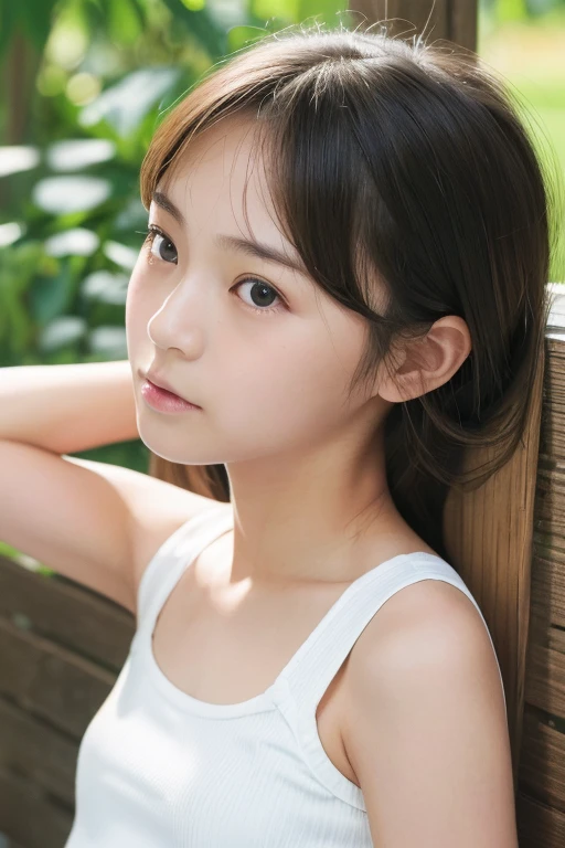 (Real),８KCG,High resolution,Create a photo of a Korean Asian teenager,beautiful girl, ((Blonde)),((9yo)),Narrow eyes:1.5,Slim Face,Underarm,White tank top,No arm hair,(Small Face:1.3),Slim Face,Ask,outdoor Sit on  simple bench,
1人の女の子, 足をフレーム外へ,(((もっと平らな胸:1.5))), mostrasping,((fratchest:1.4)),skinnybody,petiet,((痩せ:1.4)),agedown,舌を出す,汗 ,恋する瞳
ピント 85mm, ((createsuccess:1.5)),
家の庭、(((２girls:1.5))),((違う顔:1.5))