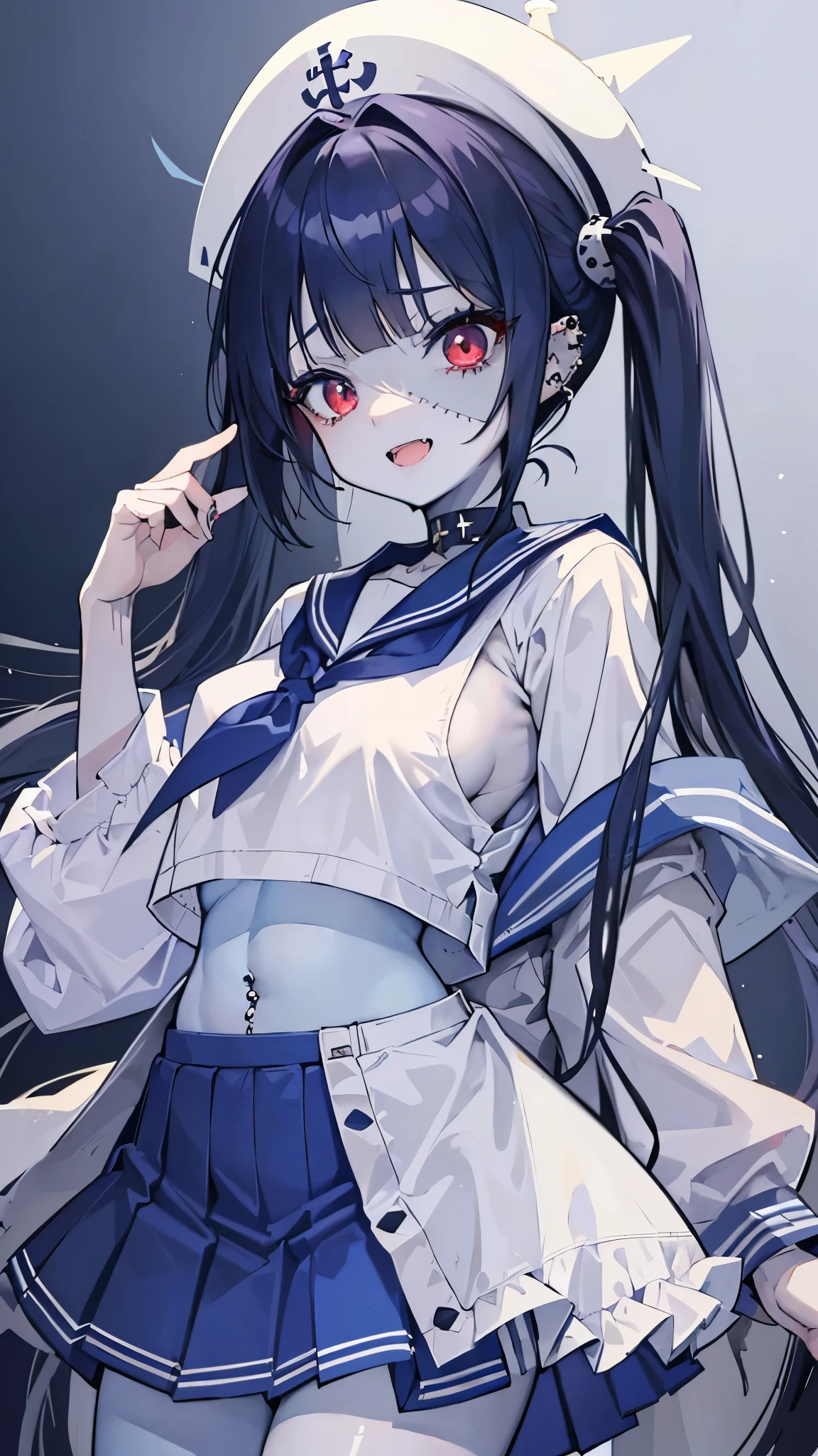 ((masterpiece、Best Quality、Very detailed))、One Girl、((Light blue skin:1.3))、Black Hair、twintails、Diagonal bangs、Red eyes、evil smile、((open mouth))、((lots of piercing))、Small breasts、Show your fangs、White brim、((Sailor suit))、((Long sleeve))、belly button、((Navy blue pleated skirt))、((micro miniskirt))、((titched face))、((patchwork skin))、Cowboy Shot、((zombie))、Graveyard Background