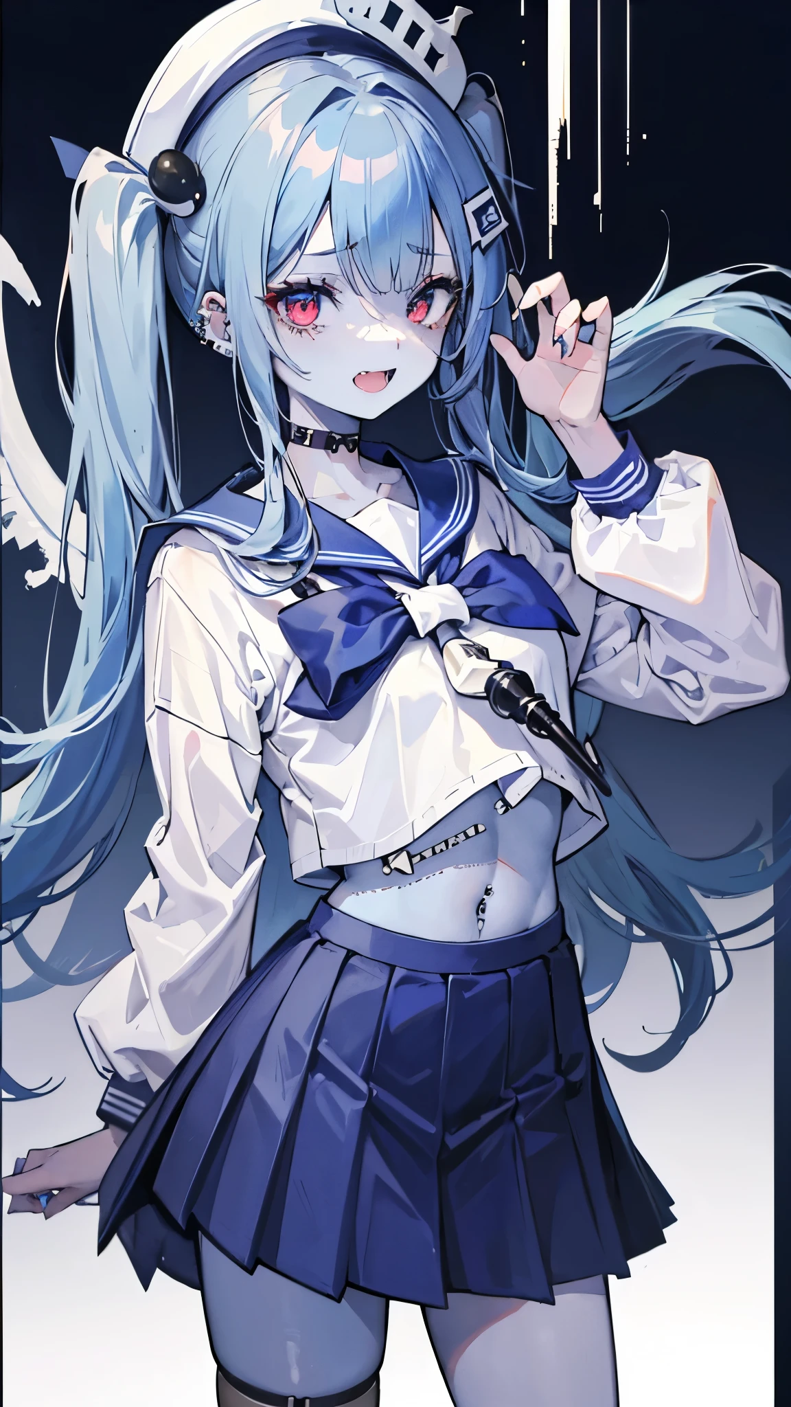 ((masterpiece、Best Quality、Very detailed))、One Girl、((Light blue skin:1.3))、Black Hair、twintails、Diagonal bangs、Red eyes、evil smile、((open mouth))、((lots of piercing))、Small breasts、Show your fangs、White brim、((Sailor suit))、((Long sleeve))、belly button、((Navy blue pleated skirt))、((micro miniskirt))、((titched face))、((patchwork skin))、Cowboy Shot、((zombie))、Gravestone、Graveyard Background