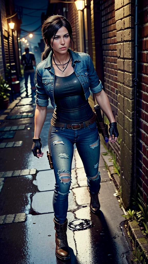 Lara Croft, beautiful and perfect face, wearing a denim jacket with a black t-shirt underneath, wearing jeans, wearing brown boots, hiding in an alley in a rainy city night, 1 , High resolution, masterpiece, high quality, HD model, 