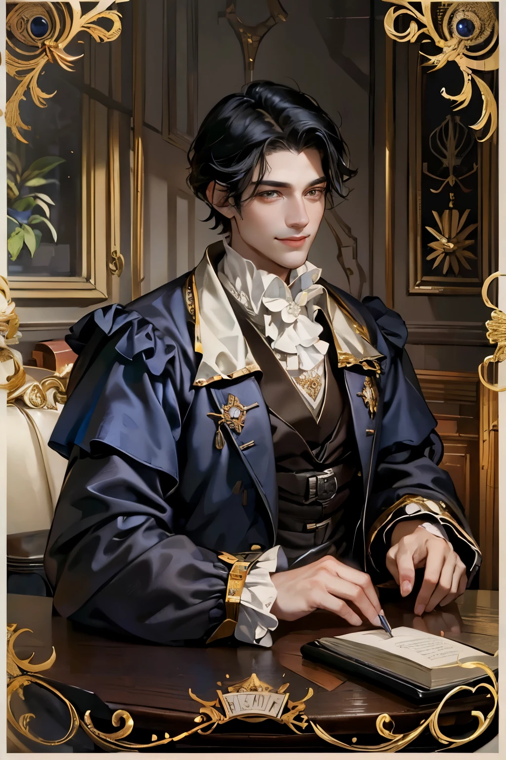 (masterpiece), Best quality, Expressive eyes, Perfect face, European nobility in the 18th century，Duke，Black hair，Brown eyes，confidence，Smile, 30 years old, ((personal)), Short hair