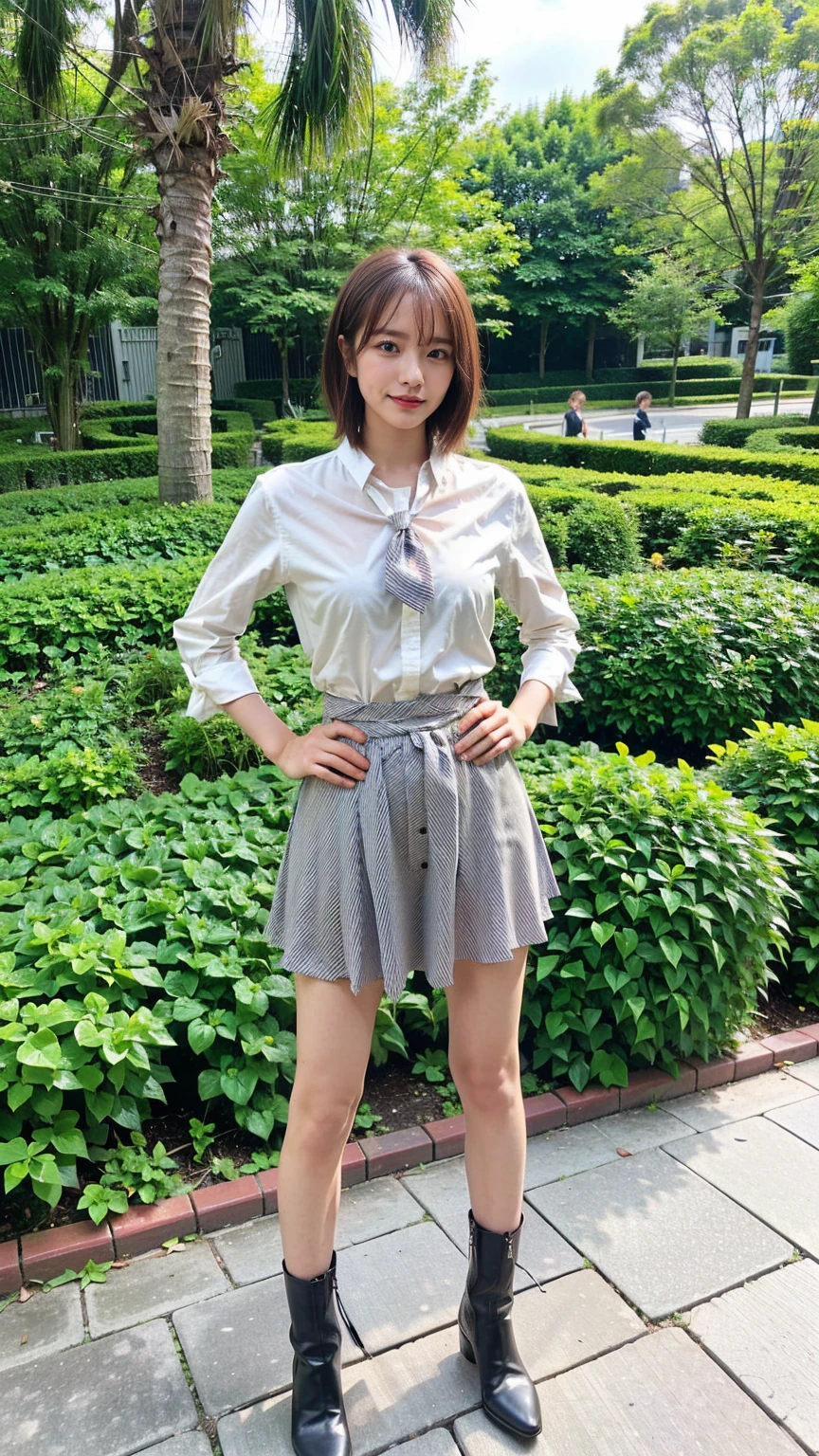 (8k、RAW Photos、Best Quality、masterpiece:1.2)、(Realistic、Realistic)、1 person、((Medium Hair、shirt、tie、Breast enlargement、Checked skirt、Thin legs、boots、View from the front、Looking into the camera、garden、Stand with hands on hips))、cute