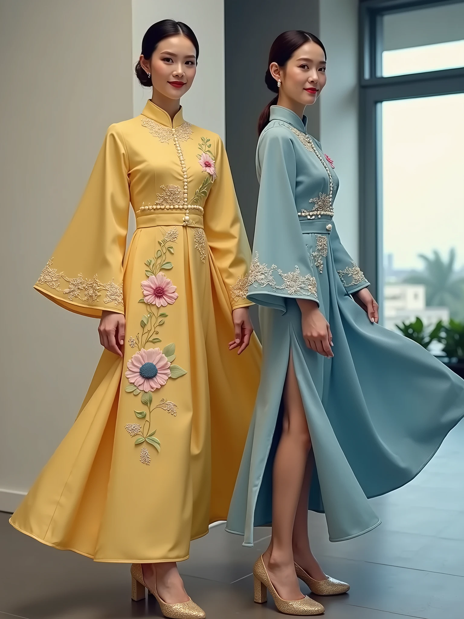 A woman in a green dress, long legs, perfect chest, holding a lady's folding fan, the fan is painted with lotus flowers, traditional Chinese clothing, cheongsam, Hanfu, wearing a blue cheongsam dress, traditional Thai clothing, soft green, with ancient Chinese aesthetics, traditional women, outdoor,