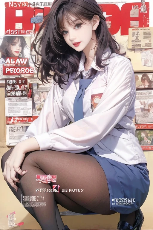 Magazine cover,Long hair,,Beautiful sexy woman with glasses(Wear a school uniform),Lifting a skirt,(Smooth skin),E7E48U,Large Breasts,Sweating all over