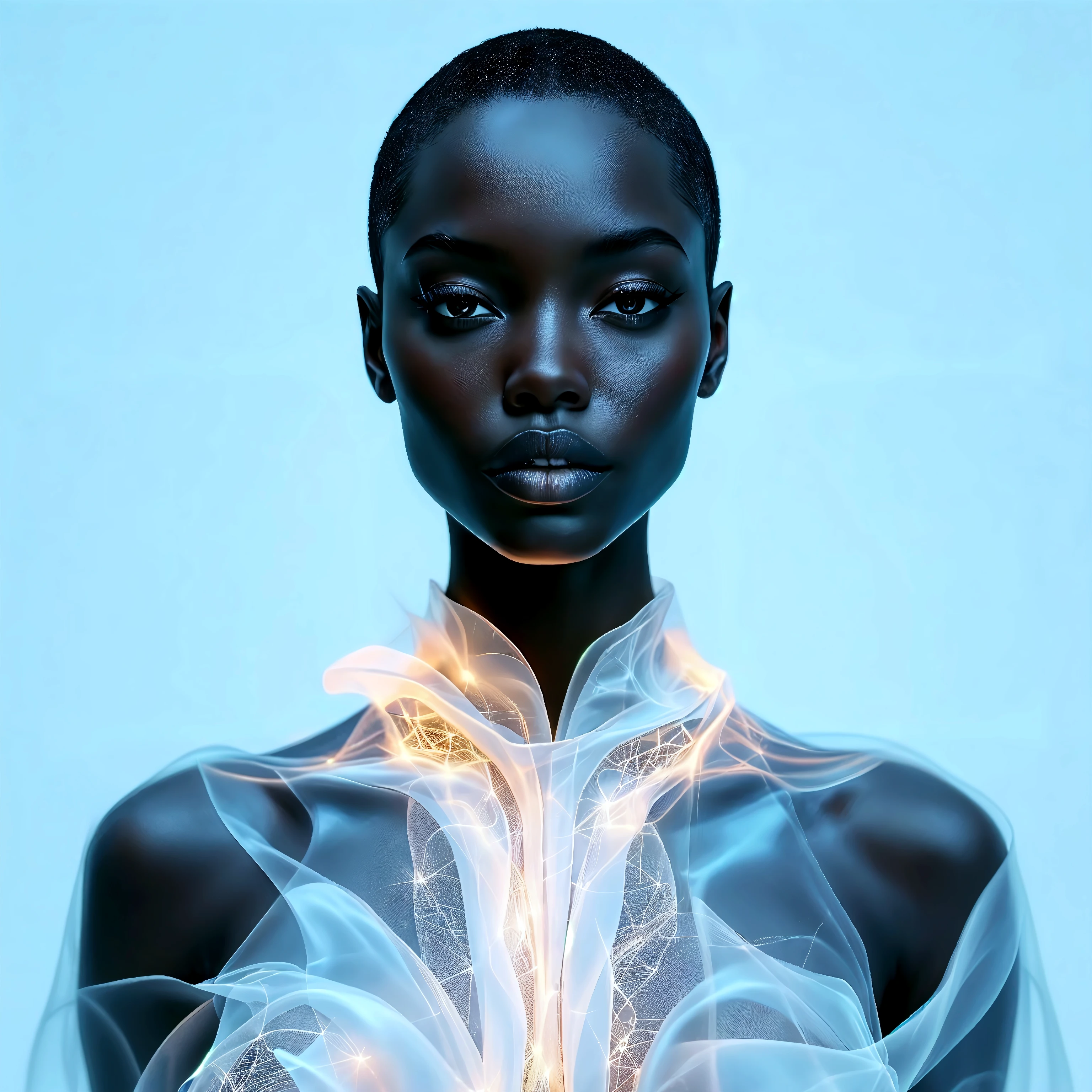 A captivating image of a black Melanin woman, clad in an elegantly designed African dress, stands tranquilly in an empty, water-enclosed space. The surrounding area is shrouded in darkness, with only a white neon shining ball casting a radiant light that illuminates the scene, resulting in a striking grey and white color grading. This cinematic scene possesses an Artgerm style, imploring a sense of mystery and intrigue, expertly rendered in 32k ultra HD resolution using Unreal Engine, delivering a hyper-realistic and visually stunning image.