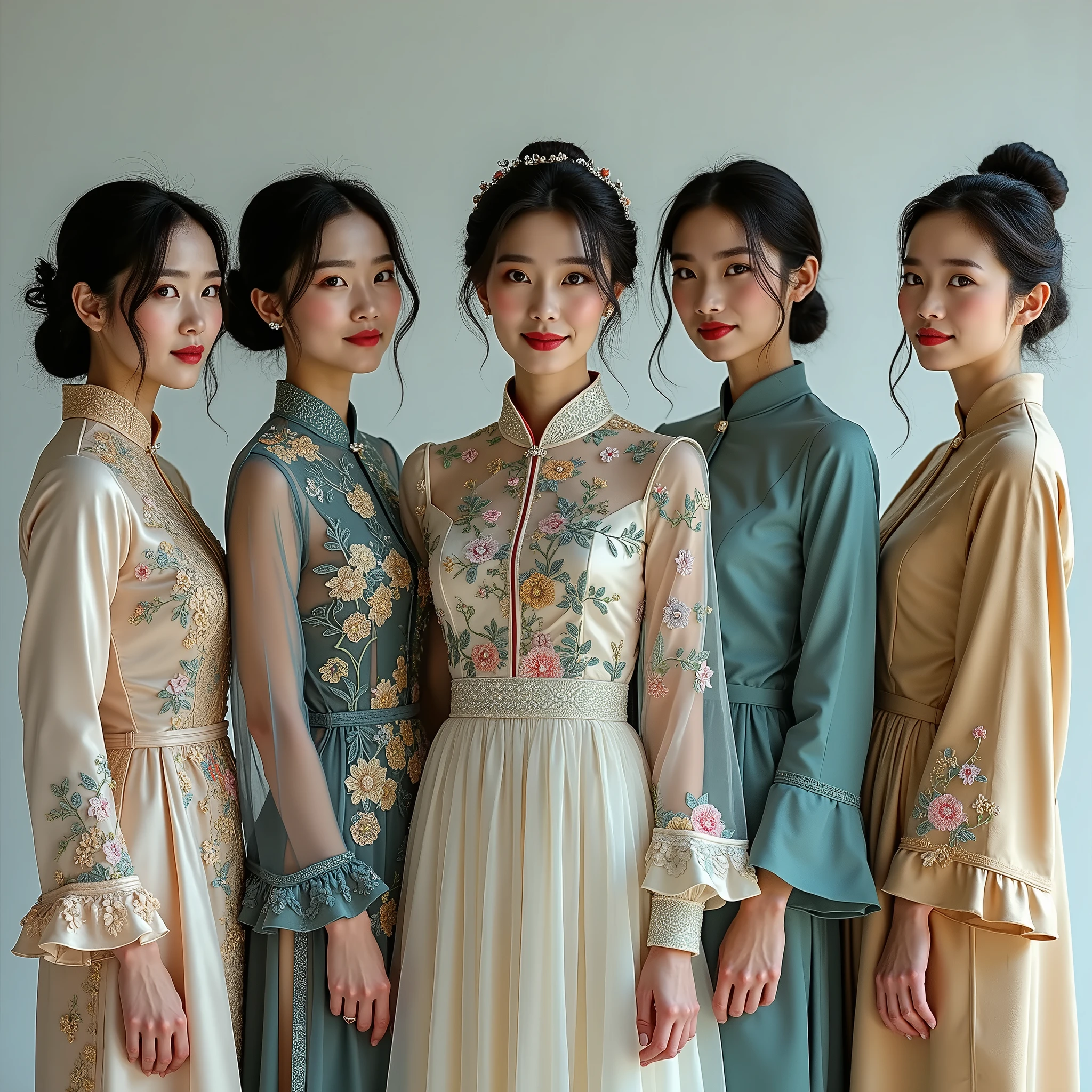 (highest quality、32K、masterpiece:1.3)、(Beautiful woman:1.2)、(5 girls:1.3)、(Full body photo:1.3)、24-years-old、Dark brown hair:1.1、ponytail、Highly detailed face、Lips Detail、Detailed Eyes、double eyelid、Saggy breasts、Visible curves、With skinny friends、Laughter、Happy smile、Bright photo、Accentuate your butt、looking at the camera、Ao Dai、Vietnamese costume