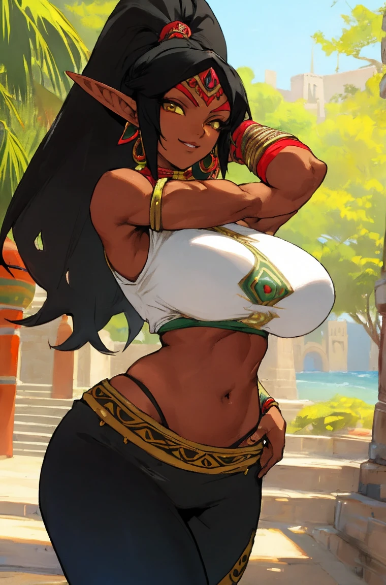 1girl athletic gerudo, elf ears, yellow eyes, black hair, (dark skin:0.7), (detailed face:1.1), portrait bimbo very wide hips, smile, huge breasts, aztec style outfit, long pants outdoors, masterwork, best quality, highly detailed