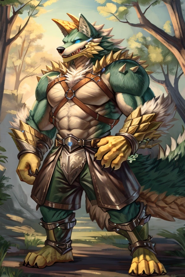 A fusion of a Wolf and a Dragon, male, Yellow horns, High Quality, 4K, Wolf tail,((full body,  blue eyes, Dark Green body, white furry, yellow hand, yellow feet, Dark Green face,4TOES, 4FINGERS, Wolf Mouth, Fluffy Wolf TAIL)),((horns)), Wolf Mouth, sharp teeth, spikes, detailed hands(4Fingers)), ,spikes, DETAILED FEET, , Epic armor, forest, Epic Leather Armor, Leather Armor, thick Harness, Metal Buckle, Druid Armor, Nature Armor, Lighting Eyes, Electricity aura,  Leather Belt, Leather Crotch, Heavy Belt, Armored, Crackling Aura, Lighting Skin, 4FINGERS, Ranger Clothes, Ranger Leather, Fluffy Wolf Tail, Relaxed Stance, Casual Stance, Deep Mountain Forest, Bow, Epic Bow, Forest Bow, Fantasy Bow, Holding Bow