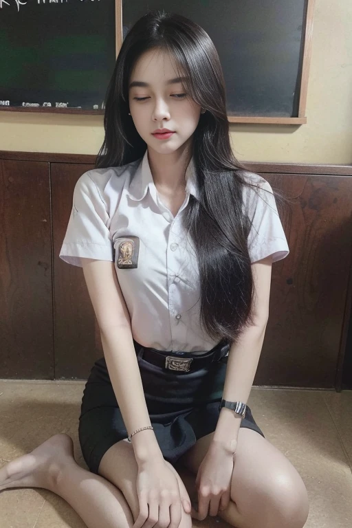 ((Best Quality, 8K, Masterpiece:1.3)), A beautiful girl, pure, melon face, gentle and cute, sweet smile, pure desire, thin figure, (frontal), (tilted head), looking directly at the camera, uniform, obi, formal, black silky long straight hair, long hair flowing over the shoulders, round black big eyes, clear big eyes, water red lips, sweet, sitting on the bed, sunlight, window background,
