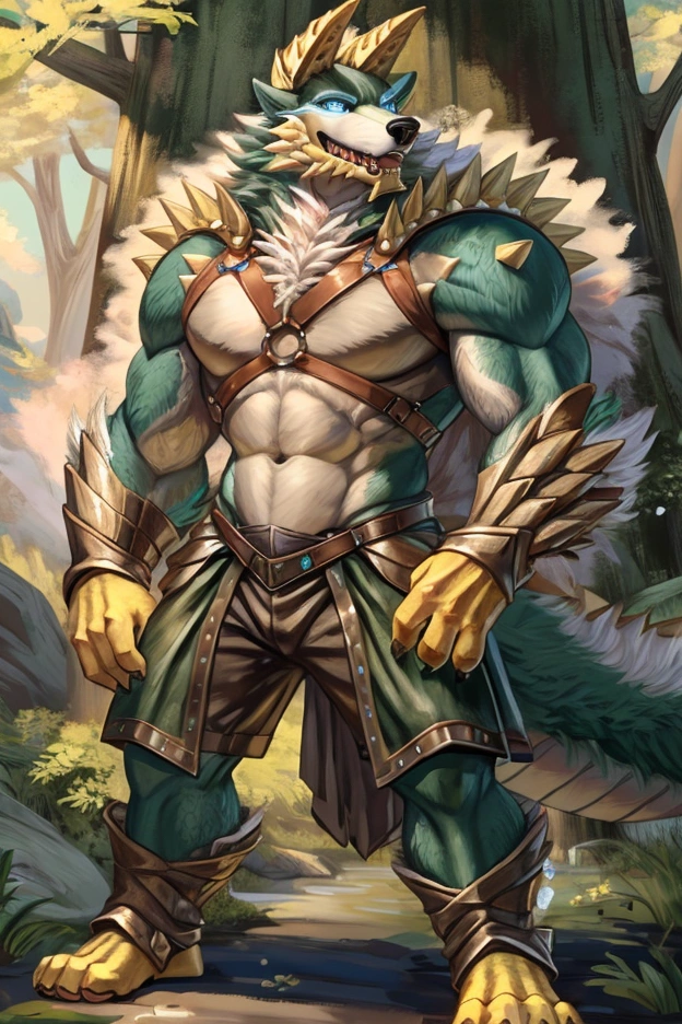 A fusion of a Wolf and a Dragon, male, Yellow horns, High Quality, 4K, Wolf tail,((full body, Tall, blue eyes, Dark Green body, white furry, yellow hand, yellow feet, Dark Green face,4TOES, 4FINGERS, Wolf Mouth, Fluffy Wolf TAIL)),((horns)), Wolf Mouth, sharp teeth, spikes, detailed hands(4Fingers)), ,spikes, DETAILED FEET, , Epic armor, forest, Epic Leather Armor, Leather Armor, thick Harness, Metal Buckle, Druid Armor, Nature Armor, Lighting Eyes, Electricity aura,  Leather Belt, Leather Crotch, Heavy Belt, Armored, Crackling Aura, Lighting Skin, 4FINGERS, Ranger Clothes, Ranger Leather, Fluffy Wolf Tail, Relaxed Stance, Casual Stance, Deep Mountain Forest, Bow, Epic Bow, Forest Bow, Fantasy Bow, Holding Bow