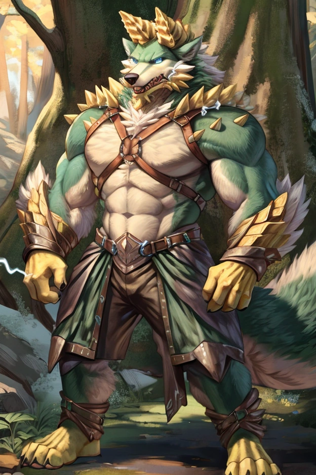 A fusion of a Wolf and a Dragon, male, Yellow horns, High Quality, 4K, Wolf tail,((full body, Tall, blue eyes, Dark Green body, white furry, yellow hand, yellow feet, Dark Green face,4TOES, 4FINGERS, Wolf Mouth, Fluffy Wolf TAIL)),((horns)), Wolf Mouth, sharp teeth, spikes, detailed hands(4Fingers)), ,spikes, DETAILED FEET, , Epic armor, forest, Epic Leather Armor, Leather Armor, thick Harness, Metal Buckle, Druid Armor, Nature Armor, Lighting Eyes, Electricity aura,  Leather Belt, Leather Crotch, Heavy Belt, Armored, Crackling Aura, Lighting Skin, 4FINGERS, Ranger Clothes, Ranger Leather, Fluffy Wolf Tail, Relaxed Stance, Casual Stance, Deep Mountain Forest, Bow, Epic Bow, Forest Bow, Fantasy Bow, Holding Bow