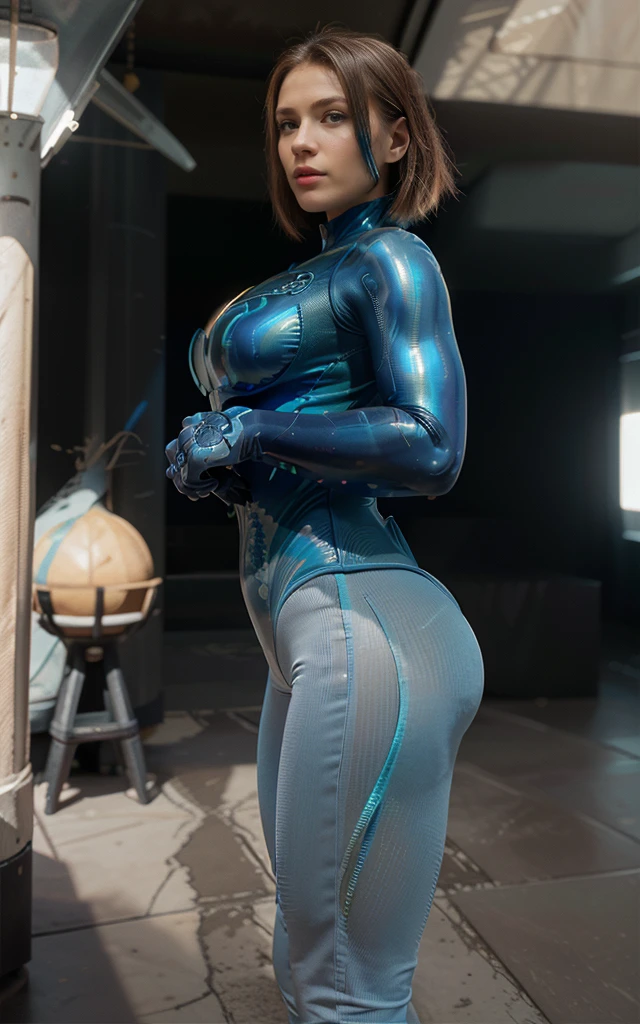 concept art, ultra-detailed award winning full body masterpiece, highres, katara, (textured dark brown skin, dark skin, dark skinned), glowing blue eyes, thick lips, narrow waist, flat belly, gymnast physique, thin athletically built body, thick claves, black lipstick, maskara, blush, Sweat, large breasts, big butt, longeyelashes, big ass, dark brown hair, low ponytail, blush, long hair, sculpted thick thighs, (futuristic holographic full body ao dai styled bodysuit, metallic sandals, cyberpunk, sci-fi, big belt cinched tight), Perfect body, Best Quality, 8K, UHD, high quality, super detail high details