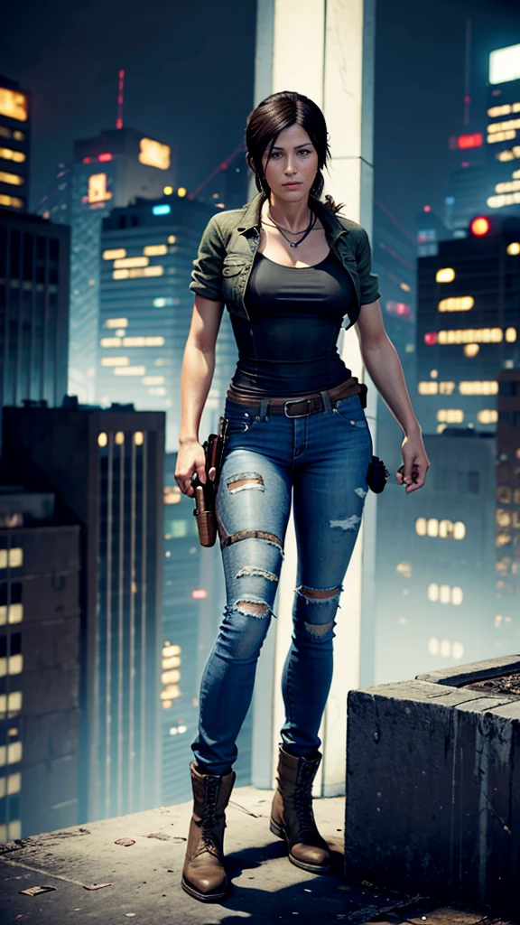 Lara Croft, beautiful and perfect face, wearing a denim jacket with a black t-shirt underneath, wearing jeans, wearing brown boots, on top of a building in a city at night, 1 , High resolution, masterpiece, high quality, HD model, 