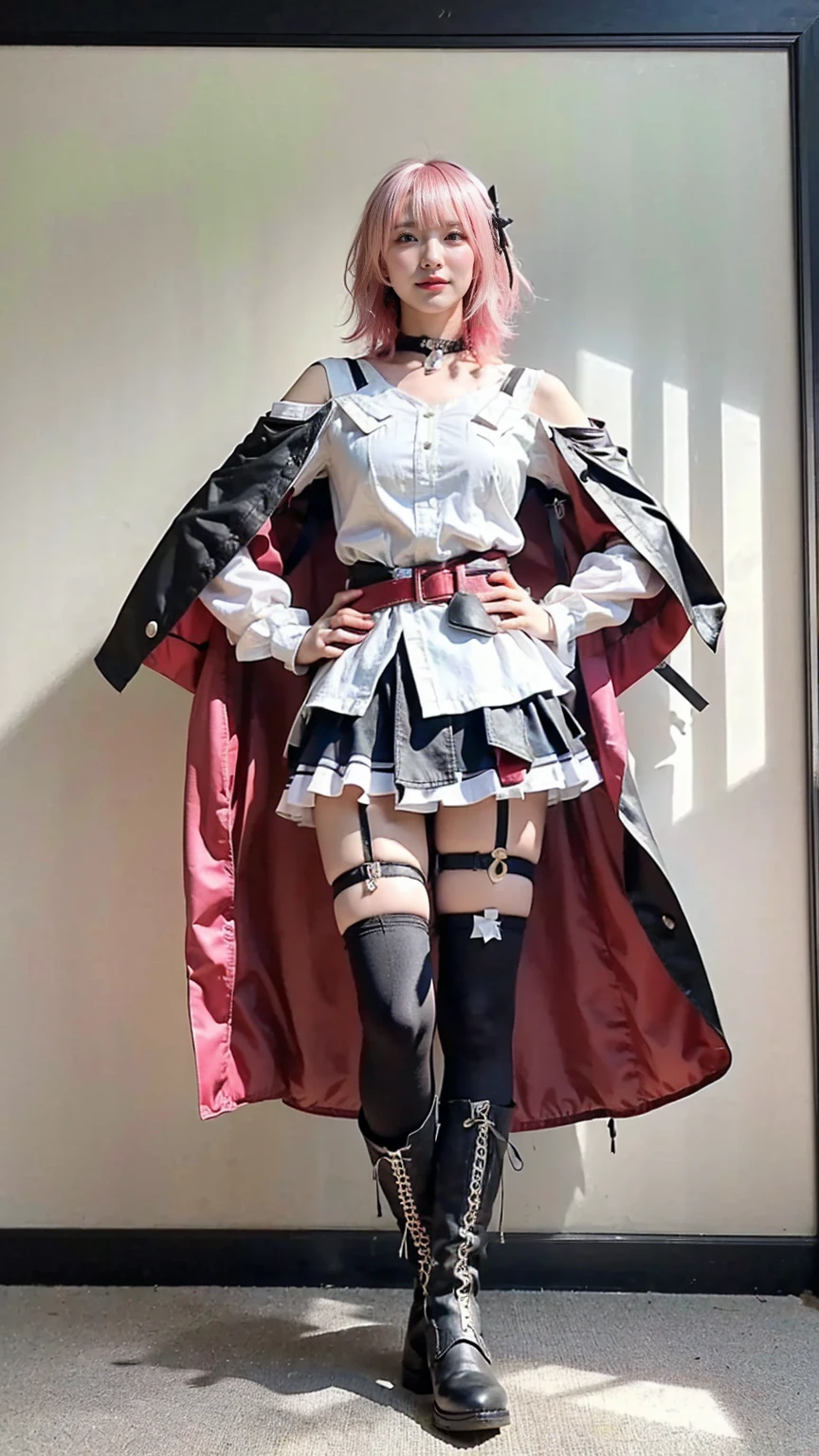 Woman knight、Princess Knight，frilly dress，kawaii，The most beautiful girl in the world，perfectly proportions，Silver Hair Shorthair with Red Mesh，Wear shorts inside a miniskirt，Wear knee socks and knee-length black boots，A face with a confident and gentle expression，Smaller head，Perfect good looks，［Determination in a near-future world，Accompanied by crows，Aerial Train Background
