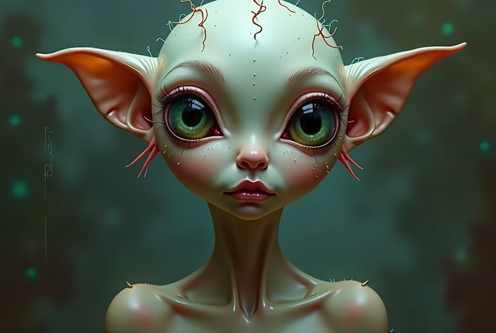 one girl, elf ears, , pure, cute naked, topless, a Woman alien mix, human Body, big tits,   shed skin, alien nose but the Rest of the face ist human, (((whiskers))) big eyes, full black eyes, hybride 10 % elf 30 %alien and 60 % human, face mostly woman,  shed kin at Body Arms and shoulders and neck, tits are human , nipples , full black Iris, slender No clothes,snake skin, blue skin