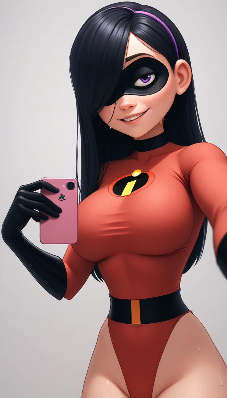 score_9, score_8_below,
VioletParr, black hair, long hair, side stripe, purple eyes, (hair covers eye:1.1), Mask, hair band, red leotard,exposed legs,big round breasts,thick thighs,gloves, knee-high,Sweat,
Selfie,focus only, half-closed eyes, smiling, bottom angle portrait, 
white background,