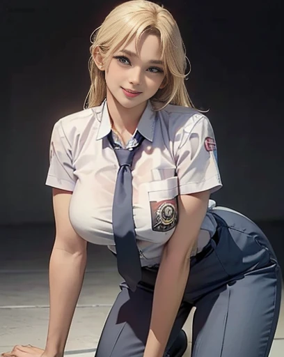Cartoon picture of woman wearing police uniform, Official, bobby, Wearing a police uniform, The police lights shine on her face, screenshot from the anime film, TV animation stills, Anime visuals of a cute girl, eechi, Kitagawa Ocean Fan Art, anya from spy x family, Detailed pubic hair. Girl Front, seductive anime girls, Oppa&#39;，fishnet stockings，Ultra-short clothes，Exposing the abdomen，Ultra shorts，raise leg，despairing，Long blonde hair，In a dark and dirty room。fearful expression，blush blush。My face was red，The whole body feels like lying on the bed，sitting in the couch.Policewoman，Police uniform，A sexy pose，Flushing，