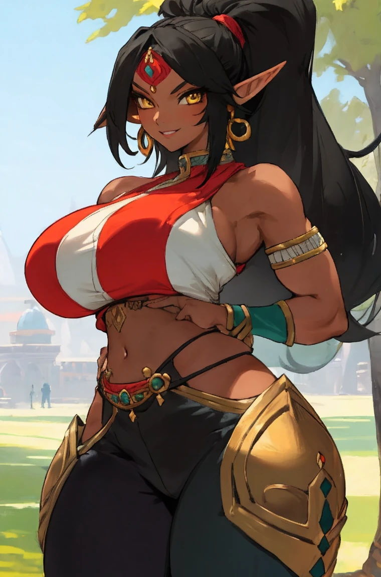 1girl athletic gerudo, elf ears, yellow eyes, black hair, (dark skin:0.7), (detailed face:1.1), portrait bimbo very wide hips, smile, huge breasts, slutty outfit, long pants outdoors, masterwork, best quality, highly detailed