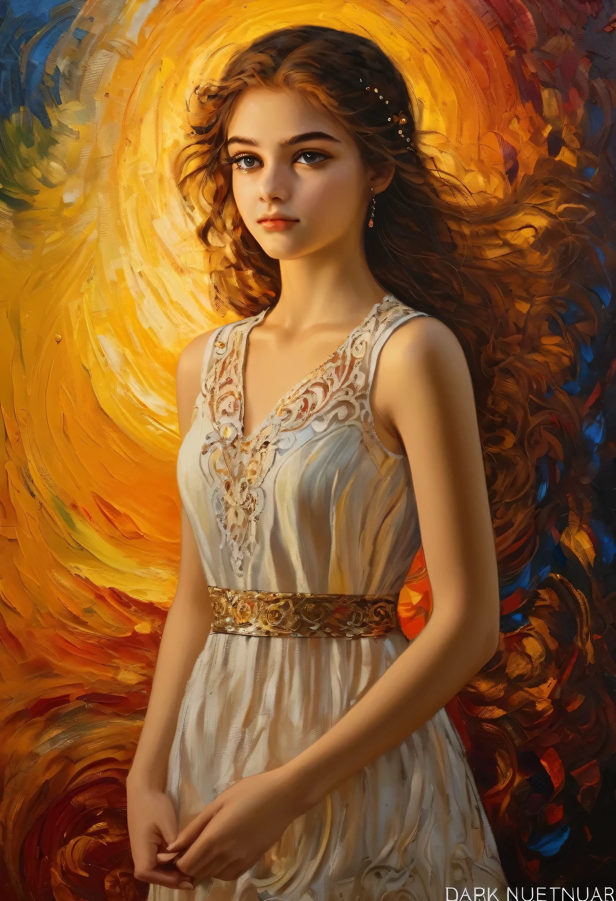 (dark nuar studio) brave naive  girl in light dress (in the style of Appolonia Sentclair), ((fresh oil palette canvas/Acrylic)), intricate, Extreme detail, Complex key, ((Single shot)), ((best quality)), ((masterpiece)), ((Realistic)), 8 k