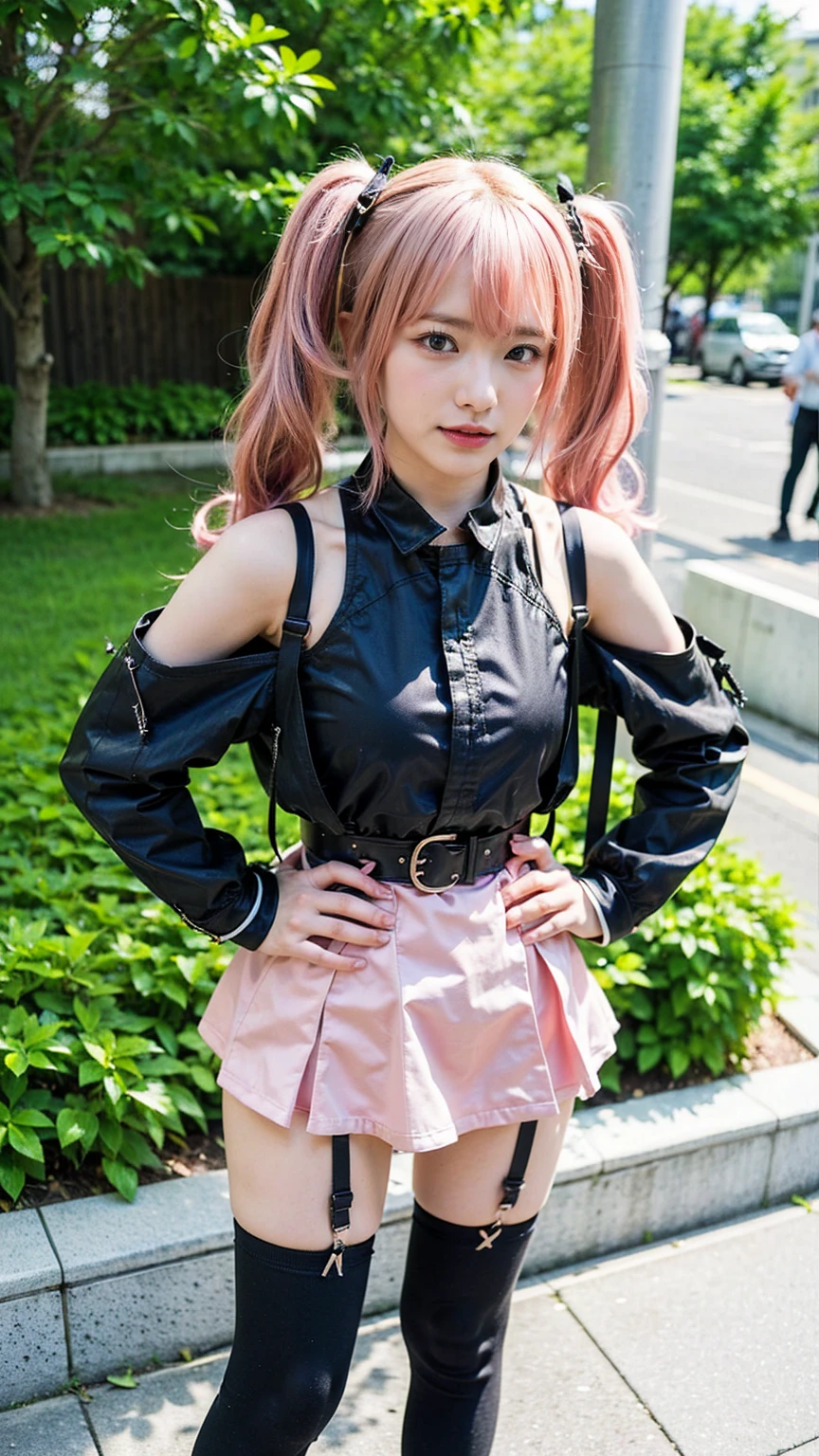 there is a woman in a short skirt and high heels walking down the street, anime girl in real life, anime girl cosplay, cute girl with short pink hair, hyper realistic anime, tokyo anime scene, 2 b, 2b, highly detailed giantess shot, realistic anime 3 d style, anime cosplay, pink twintail hair and cyan eyes