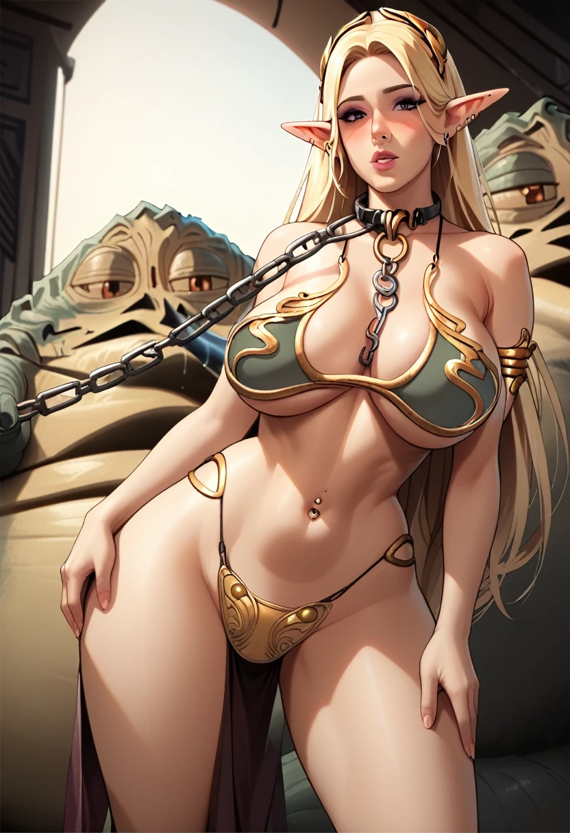 Celestine lucullus, blonde, long hair, score_9, score_8_up, score_7_up, source_anime, best quality, solo, clear face, huge breasts, perfect body, looking at viewer, slave, slave bikini, palace, standing, dynamic angle, high leg thong, from behind, big ass, wide hips, navel piercing, pelvic curtain, blushing, makeup, elf ears, Jabba the Hutt, couple
