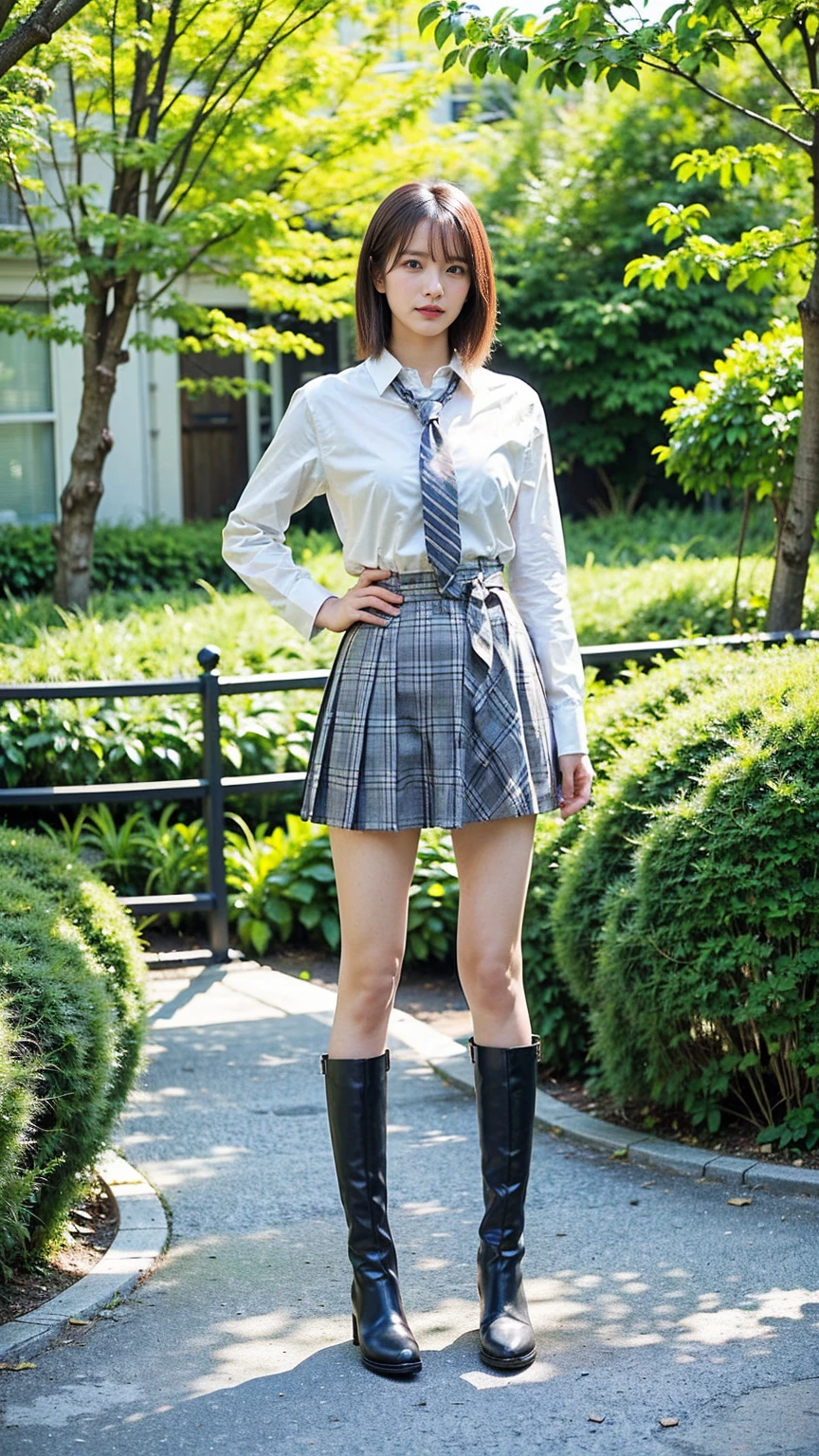 (8k、RAW Photos、Best Quality、masterpiece:1.2)、(Realistic、Realistic)、1 person、((Medium Hair、shirt、tie、Breast enlargement、Checked skirt、Thin legs、boots、View from the front、Looking into the camera、garden、Stand with hands on hips))、cute