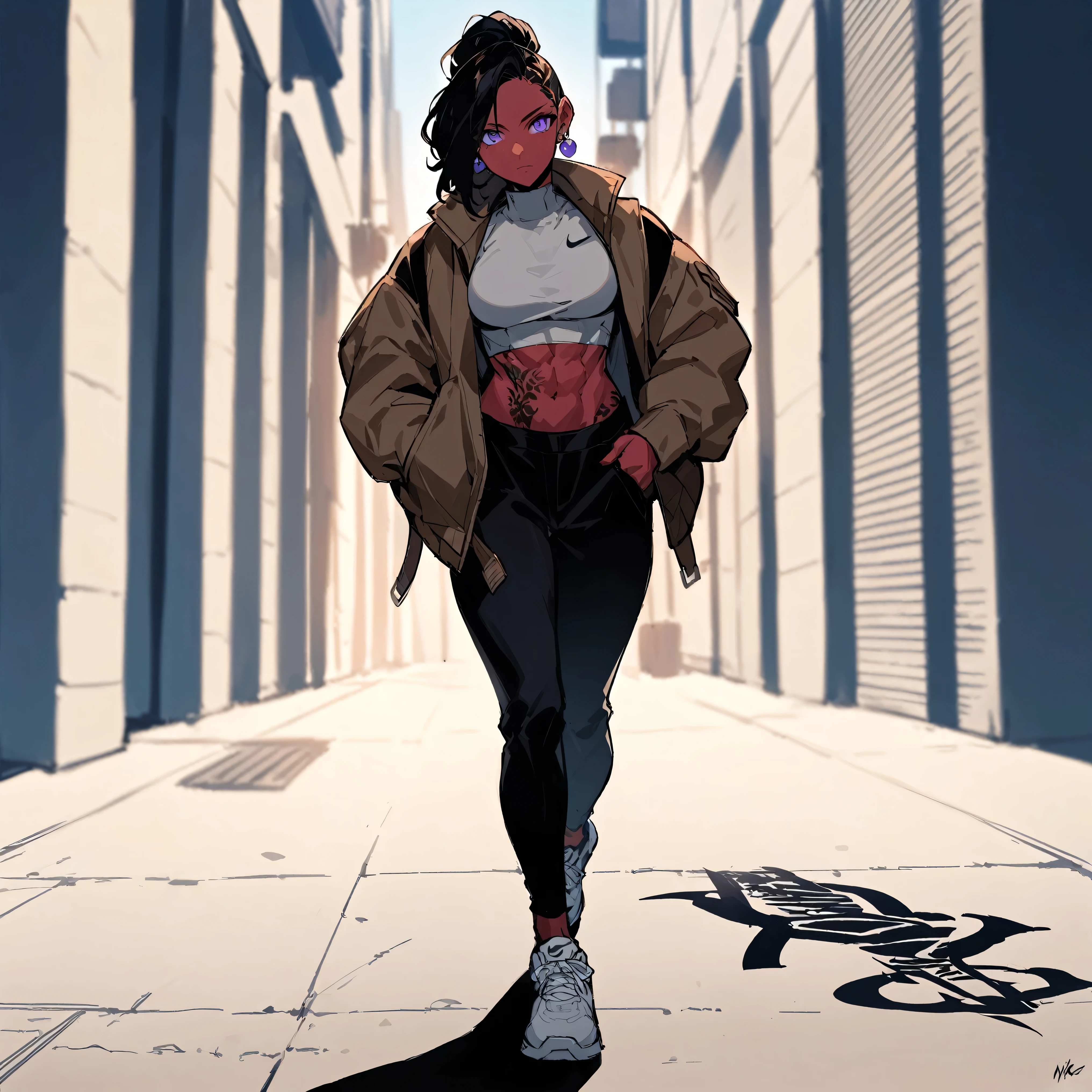 a young woman with red skin, black hair, and purple eyes. She is putting on streetwear Nike winter clothing, with a strong, muscular build. The woman is tall, has earrings, and is covered in street tattoos. She walks downtown, and the scene captures her from above in motion. with a modern vibe that matches her edgy appearance. The sketch emphasizes bold lines and the gritty, dynamic energy,serene face,  Murata style,