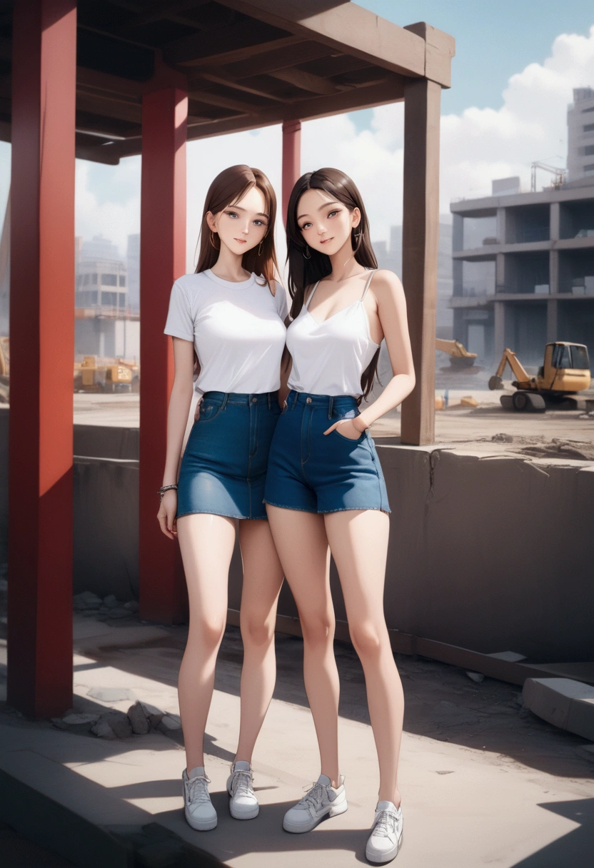 Ultra realistic , two girls, obra maestra, mejor calidad, alta calidad, defined, detailed, HD, (piel morena), ojos definidos, ojos cafes intensos, long eyelashes, small mouth, sonrisa, :3, very long hair, pelo liso, pelo oscuro, cuerpo reducido, bosom barely contained, big breasts, sexy, posando foto, estudio, mini skirt, sin sostenes, no bra, excitada, pezones erectos, nice view, full body, nice body, nice hands, nice fingers, perfect fingers, abierto, mojada, sudada, caliente, tight, sonrojada, nice legs, no socks, sin flequillo, peinada hacia atras, pose lasciva, petites, ((no skirts)), sexy clothes, sisters, hot sisters, back view, camera from behind, lean, unaware, no panties, shower, transparent window, towel, showing together, se