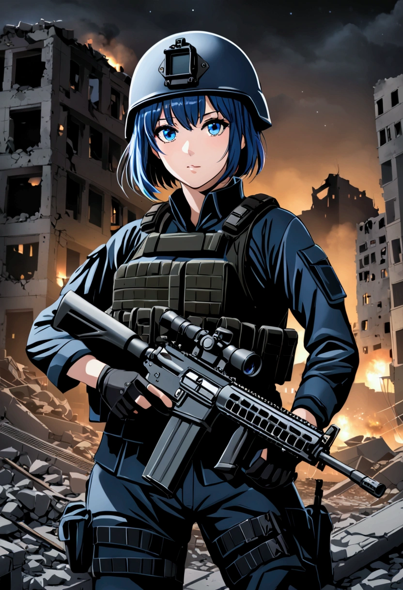 female soldier, short blue hair, blue eyes, military helmet, black tactical uniform, RIFLE, soldier girl, city in ruins, night, night operation, black ops, special team soldiers.