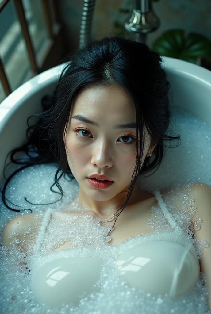 Professional photography, software, Realistic, Wong Kar-wai, Retro, indoor, Top view of an Asian woman lying in a bathtub, She has long, unkempt black hair, She is taking a bath, She has beautiful makeup, Bathtub full of soap bubbles, Bubbles flying in the foreground of the photo, software censored by soap foam, Intricate details