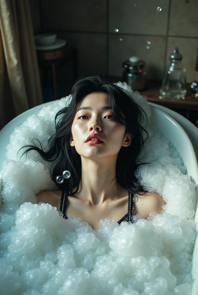 Professional photography, software, Realistic, Wong Kar-wai, Retro, indoor, Top view of an Asian woman lying in a bathtub, She has long, unkempt black hair, She is taking a bath, She has beautiful makeup, Bathtub full of soap bubbles, Bubbles flying in the foreground of the photo, software censored by soap foam, Intricate details