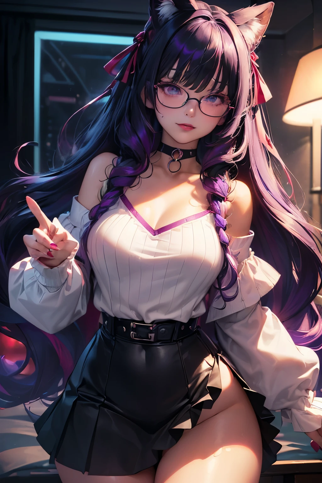 (Best quality), ultra detailed, masterpiece, woman, (perfect skin), adult female, (female gamer:1.2), (aqua eyes:1.1), (beautiful detailed, (cherry-red lips:1.1), light smile, (long black hair:1.1), (wavy hair), (purple streaks in hair:1.1), (purple highlights), bangs, (ribbon), (choker:1.1), (nerdy glasses), (black lens frame), (white sweater:1.1), (off shoulder), (ruffled skirt:1.1), (gamer bedroom:1.1), (night time), (neon lights:1.1), (colorful lights), (sissy furnishing:1.1), (detailed face and eyes:1.2), (perfect anatomy), (round breasts), (bubble butt), (wide hips:1.1), (slim waist:1.1), (thick thighs:1.1), (detailed background), (perfect nails:1.1), (detailed hand and finger:1.2), (medium breasts:1.2), (busty), (deep cleavage:1.2), (labia outline:1.3), (hard teat:1.3).