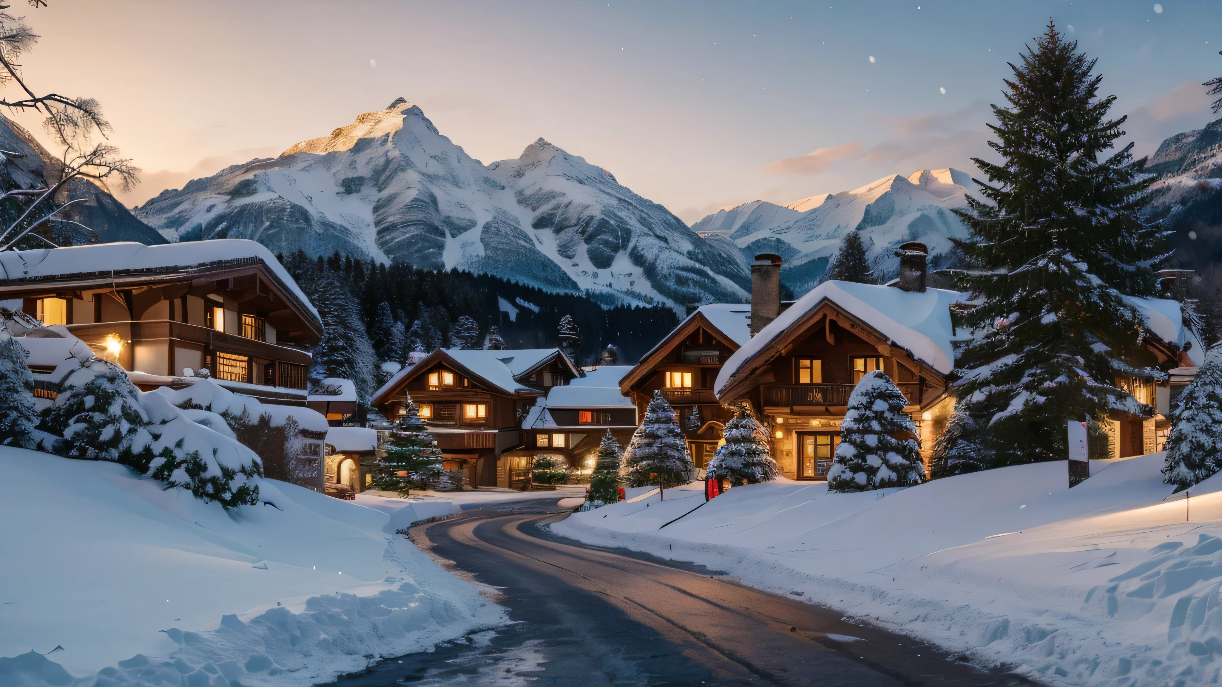 Create an alpine village inspired by the Swiss Alps during the holiday season. The houses are designed in traditional Swiss architecture., with sloping roofs covered in snow, Dark wood walls and decorative details in red and green. The windows are illuminated by warm Christmas lights, and some display wreaths and candles evoking the festive spirit. The town is surrounded by imposing mountains, whose snow-capped peaks rise majestically under a clear winter sky. The surrounding trees are covered in snow, and some Christmas lights shine between the branches. At the town's center, There is a square decorated with a large Christmas tree decorated with golden lights and shining stars.. The paths that run through the village are covered in snow, but well defined, with traces showing the transit of the villagers. Some people, wrapped up in scarves and woollen hats, They walk happily or stop at small wooden stalls selling Christmas sweets., Hot chocolate and handmade gifts. In the background, A frozen river reflects the lights of the village and adds a magical touch to the atmosphere. The scene is filled with a welcoming and festive atmosphere., where you can breathe the spirit of Christmas in an idyllic and serene Swiss winter landscape.
