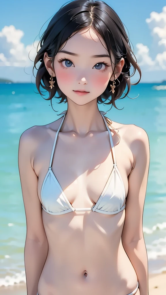 (12years old:1.4),(Very Young Face), (japan Person famous idol), 1girl, 1girl, (Extremely small white micro bikini style:1.4), Stroll along the seaside, sunshine, (masterpiece:1.0),(best_quality:1.0), ultra high res,4K,ultra-detailed, photography, 8K, HDR, highres, (perfect anatomy:1.2),(Beauty of form:1.4) Golden ratio, big eye,