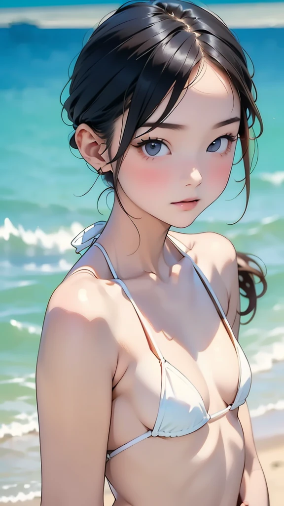 (12years old:1.4),(Very Young Face), (japan Person famous idol), 1girl, 1girl, (Extremely small white micro bikini style:1.4), Stroll along the seaside, sunshine, (masterpiece:1.0),(best_quality:1.0), ultra high res,4K,ultra-detailed, photography, 8K, HDR, highres, (perfect anatomy:1.2),(Beauty of form:1.4) Golden ratio, big eye,