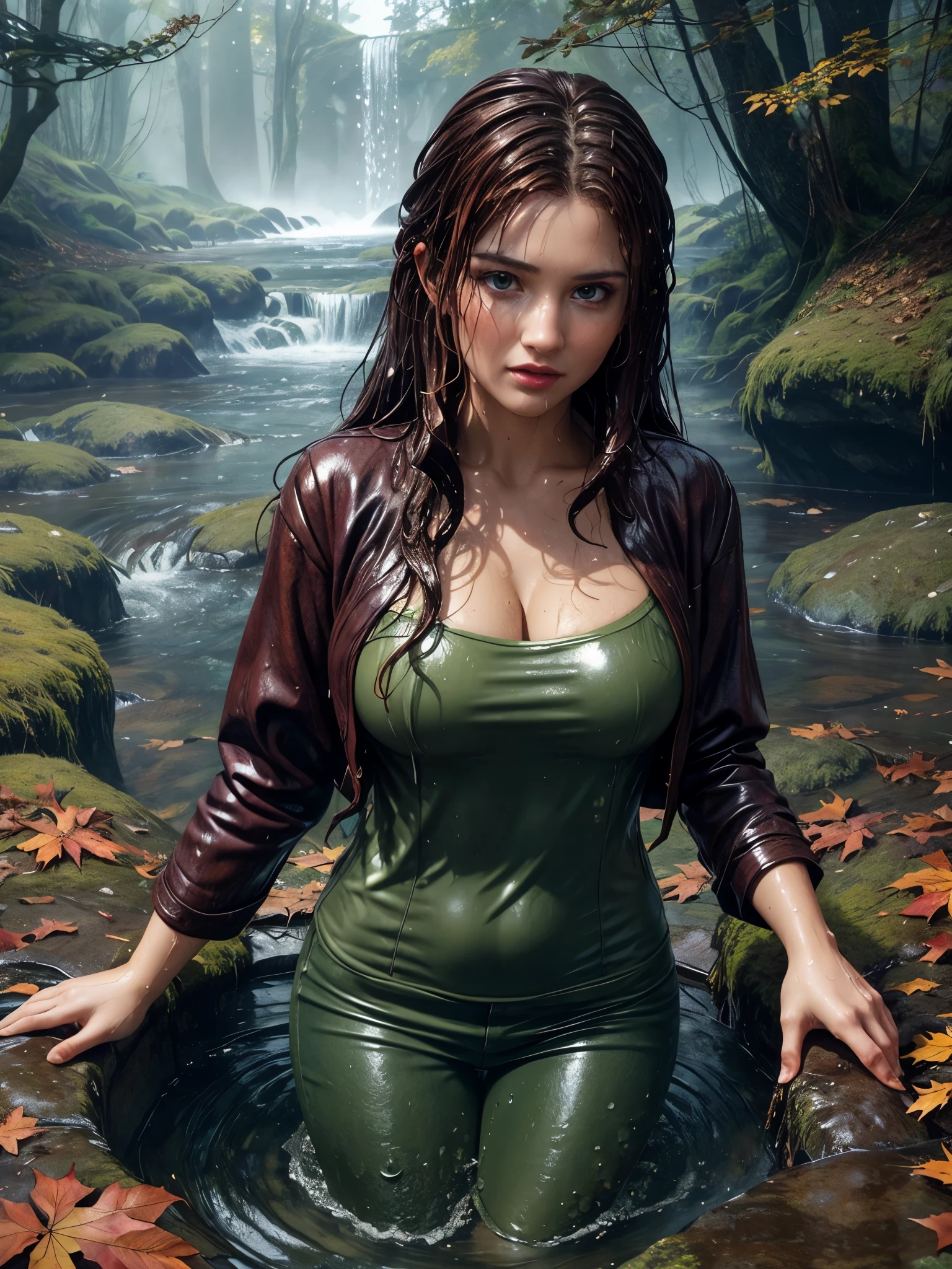 masterpiece, best quality, autumn outfit, colorful hair, outdoor,upper body, colorful autumnal clothes, ((fully clothed)), warm clothes, wet clothes, soaked, drenched, excited, wet hair, wet and slimy, water up to her chest, submerged, fantasy environment, fantasy black forest environment ,fantastical, vivid colors, varied poses, detailed green eyes, beautiful German girl