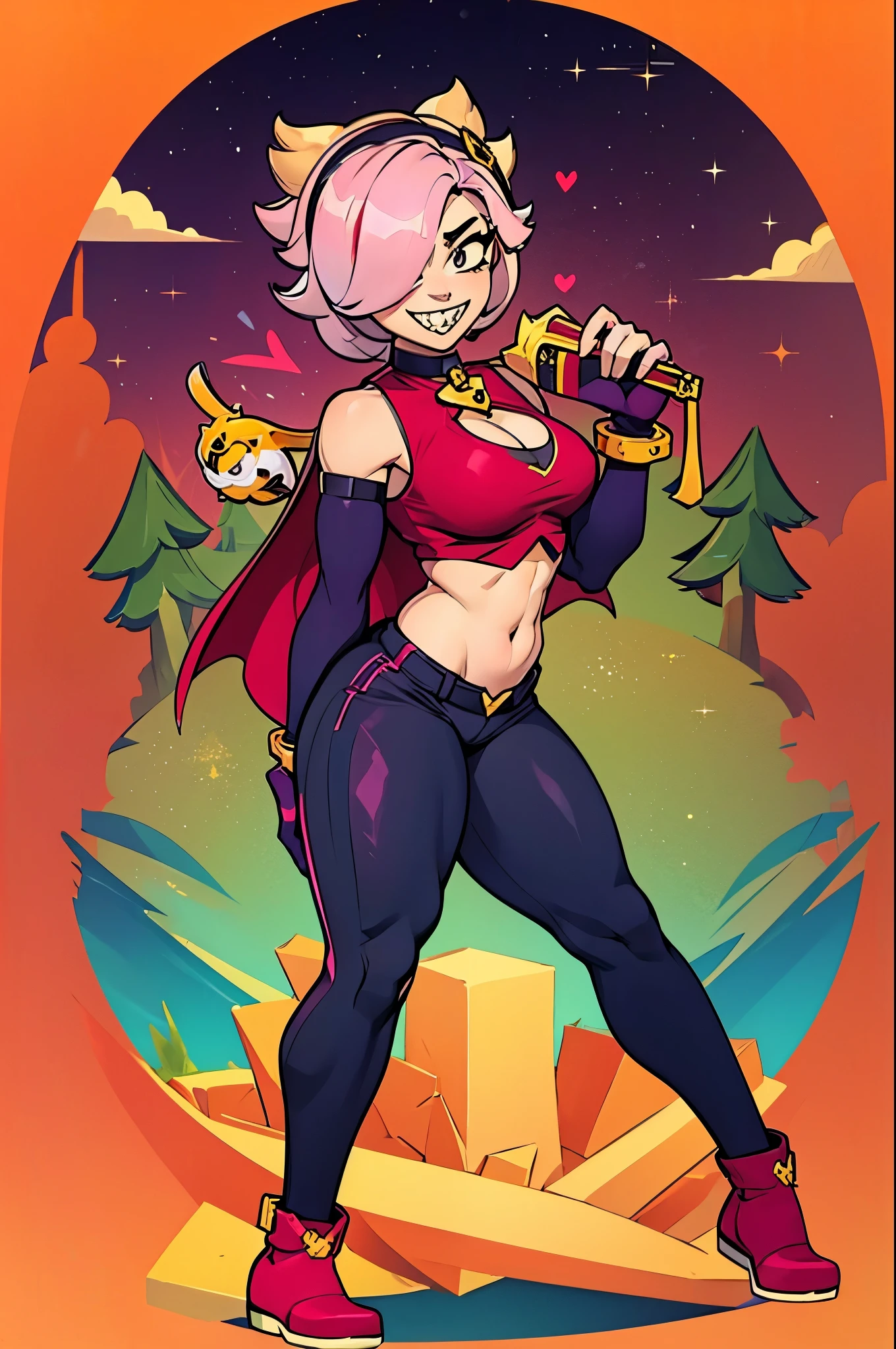 (masterpiece, best quality:1.2), solo, 1girl, colettedef, sharp teeth, smile, looking at viewer, holding book, hair over one eye, hairband, blue shirt, long sleeves, red vest, pants, CHARLIEBS, BLONDE HAIR, HAIR BUN, SHORT HAIR, BODYSUIT, CLEAVAGE, CAPE, YELLOW GLOVES, ELBOW GLOVES, PANTYHOSE, GREEN FOOTWEAR , (masterpiece, best quality:1.2), 1girl, solo, melodiebs, fur shoulders pads, spiked, bracelet, black thighhighs, pink hair, orange skirt, purple gloves, purple elbow, gloves, red bow, crop top, pink hair, miniskirt, thighhighs, black crop top, black, choker, navel, heart, merging, big boobs