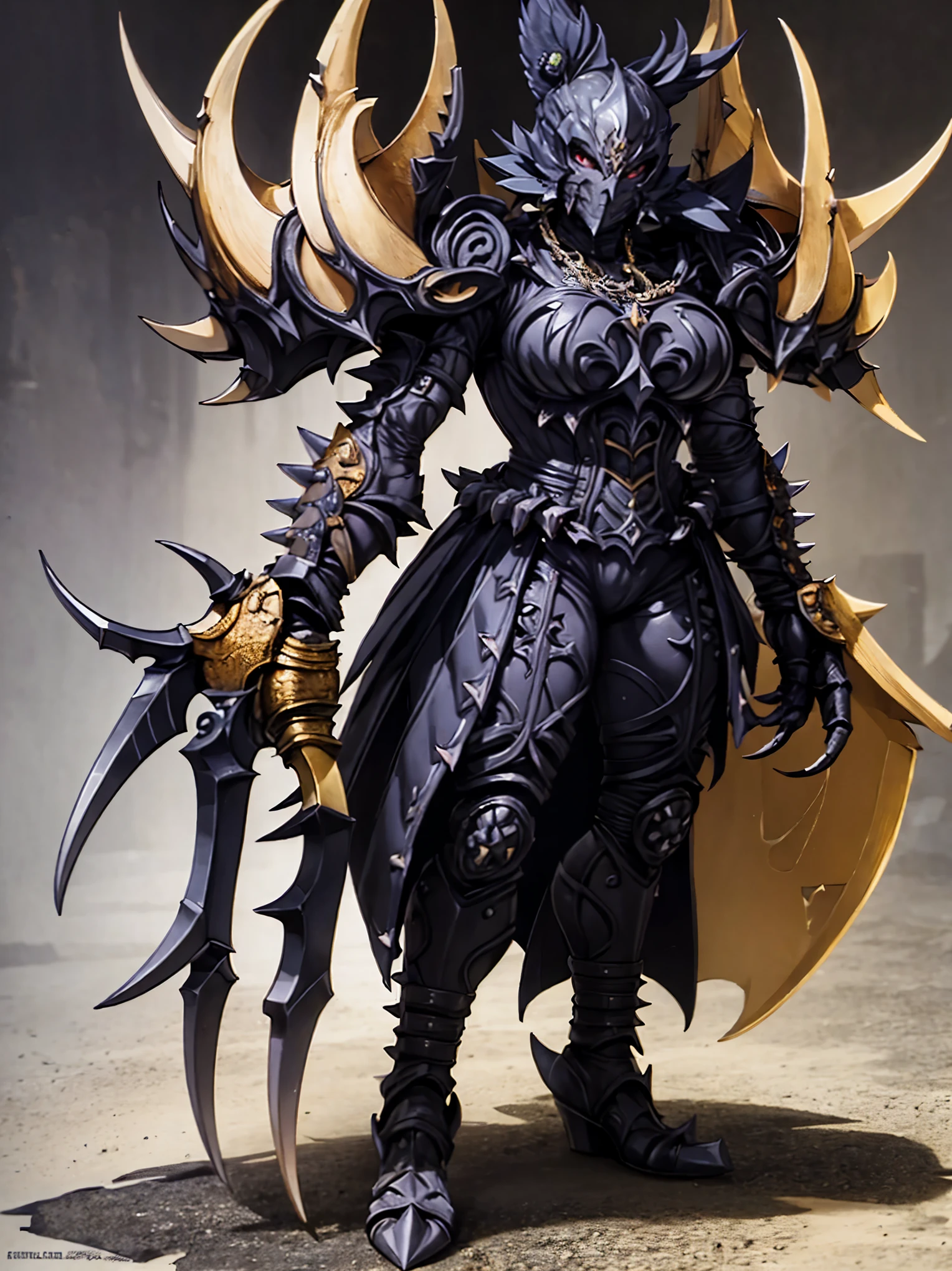 Female Knight. one person. Bikini armor. Black armor. Spiky spines. chain. Large gauntlets. Sharp claws. Warhammer. dark smog background.