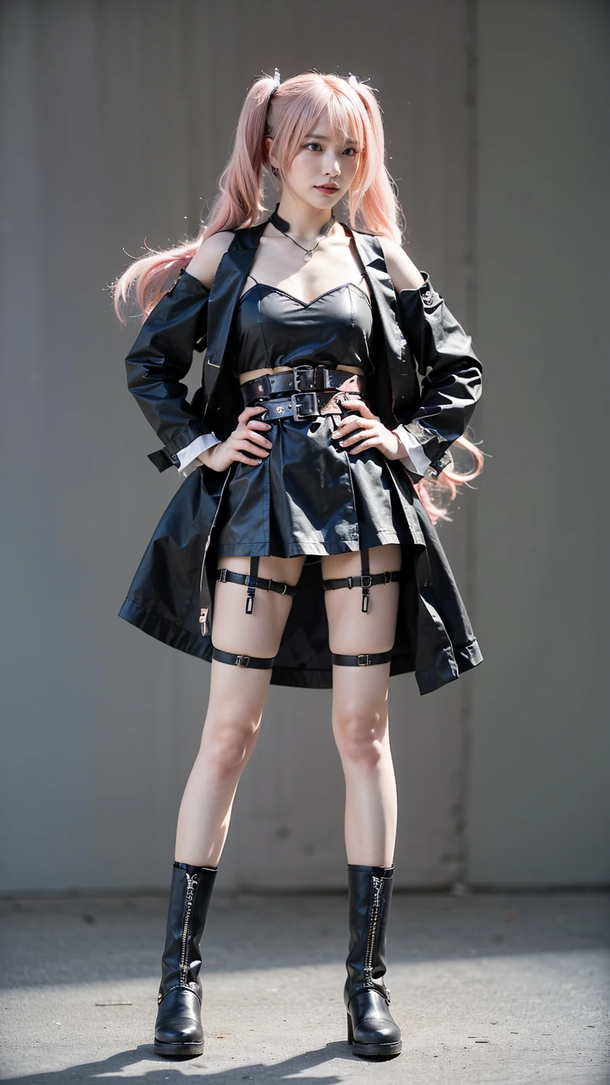 (8k、RAW Photos、Please redeem、masterpiece:1.2)、(Realistic、Realistic)、1 girl、((Black coat、Twin tails、I can see your shoulders、Checked mini skirt、Pink Hair、See-through、Fluttering in the wind、Slim silhouette、Black Dress、whole body、garter、Knee socks、Accentuate your breasts、blonde、whole body、View from the front、Ribbon on chest、boots、stage、Looking into the camera、belt、Stand with hands on hips))、