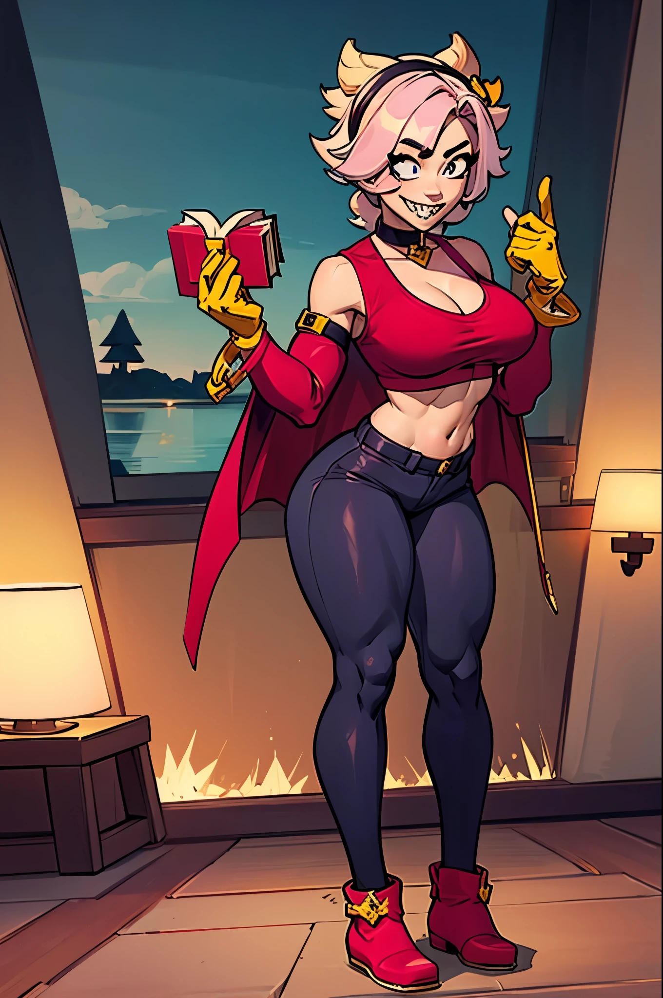 (masterpiece, best quality:1.2), solo, 1girl, colettedef, sharp teeth, smile, looking at viewer, holding book, hair over one eye, hairband, blue shirt, long sleeves, red vest, pants, CHARLIEBS, BLONDE HAIR, HAIR BUN, SHORT HAIR, BODYSUIT, CLEAVAGE, CAPE, YELLOW GLOVES, ELBOW GLOVES, PANTYHOSE, GREEN FOOTWEAR , (masterpiece, best quality:1.2), 1girl, solo, melodiebs, fur shoulders pads, spiked, bracelet, black thighhighs, pink hair, orange skirt, purple gloves, purple elbow, gloves, red bow, crop top, pink hair, miniskirt, thighhighs, black crop top, black, choker, navel, heart, merging, big boobs
