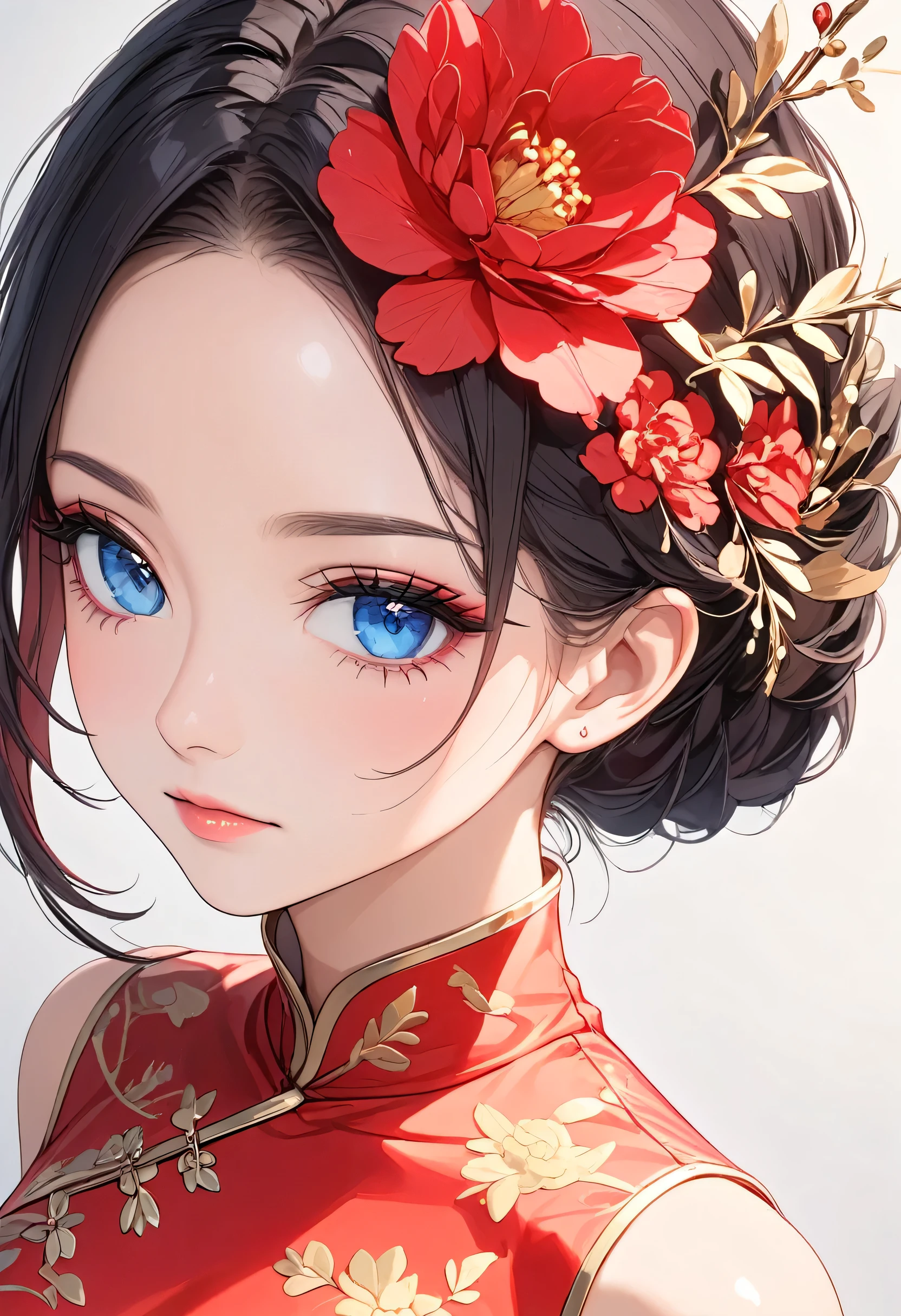 She is wearing a red cheongsam with gold embroidered phoenixes and a short skirt. (8k, best quality, masterpiece:1.2), high quality, ultra high definition, (extremely detailed wallpaper), sharp focus, crisp details, vibrant colors, intricate details, (Tall, slim, with a body shape close to seven heads:1.3), (1girl:1.3), (Alone), (Perfect Anatomy:1.3), (Best Illumination:1.3), animation style, (dark gray short choppy pixie cut:1.7), (low hair volume:1.7), (Parted Bangs:1.3), (forehead:1.3),, shiny hair, BREAK, (Beautiful Face:1.3), cute symmetrical face, (:1.6), Brilliant skin, Pink Lips, shiny skin, (blue eyes:1.3), (beautiful detailed eyes:1.3), meticulous eyelashes, sharp and sparkling pupils, intricate iris with subtle reflections and highlights, high resolution, depth and dimension in the eyes, captivating reflections, subtle color variations, BREAK, (no sleeve), (vibrant crimson china dress:1.7), (modest neckline:1.5), elegant style, chest coverage, simple traditional design, BREAK, looking at viewer, face shot, (from above:1.2), (dutch angle:1.3), close-up face shot, soft light on face, BREAK, (Pure white background:1.5), ((Mature look:1.7)),