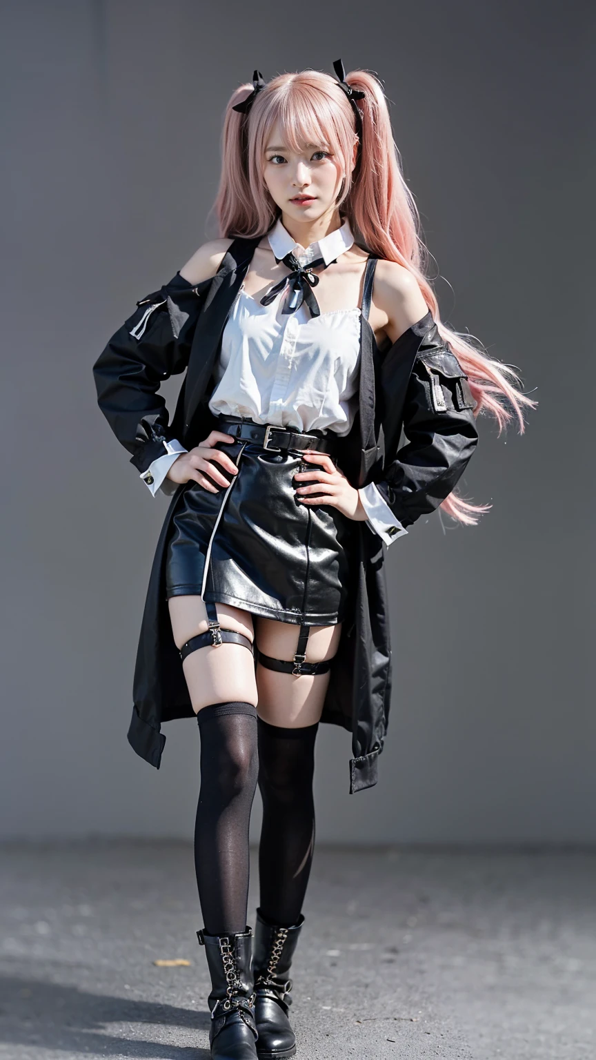 (8k、RAW Photos、Please redeem、masterpiece:1.2)、(Realistic、Realistic)、1 girl、((Black coat、Twin tails、I can see your shoulders、Checked mini skirt、Pink Hair、See-through、Fluttering in the wind、Slim silhouette、Black Dress、whole body、garter、Knee socks、Accentuate your breasts、blonde、whole body、View from the front、Ribbon on chest、boots、stage、Looking into the camera、belt、Stand with hands on hips))、