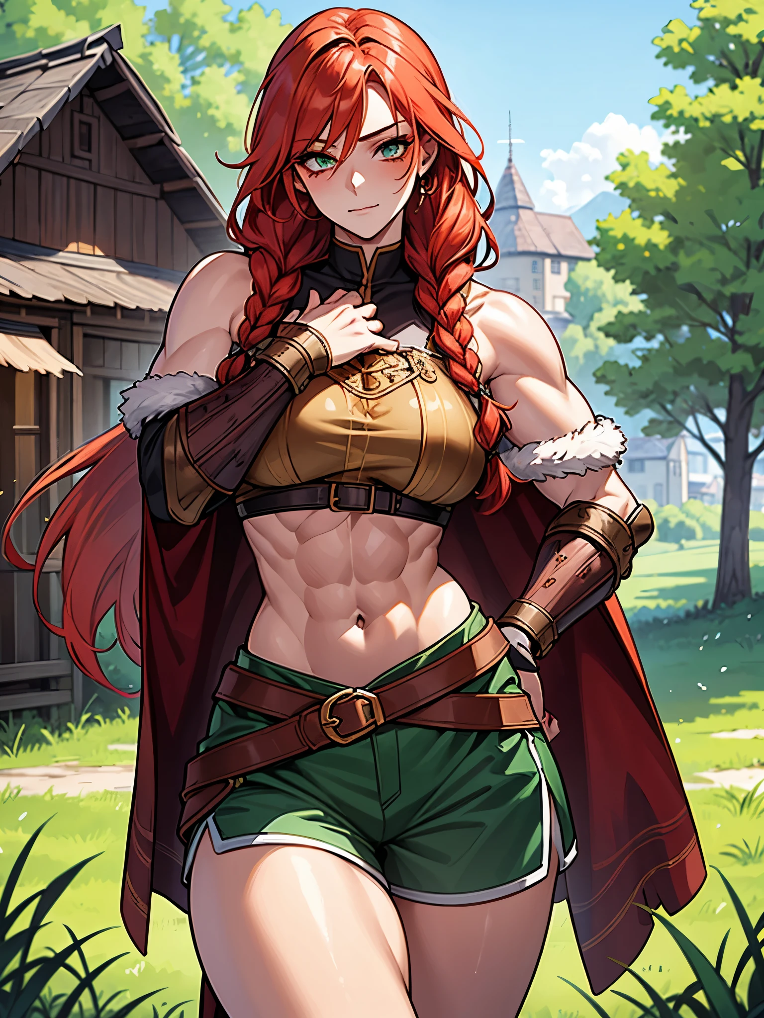 1girl, long redhead, with braids, female viking, arm on hip, muscle body, voluptous body, (masterpiece: 1.2), (best quality: 1.2) highly detailed face, beautiful and meticulous eyes, muscular, athletic, voluptuous body, busty chest, barbarian, green crop top, fur cape, arm guard, shorts. forest background with wooden house.